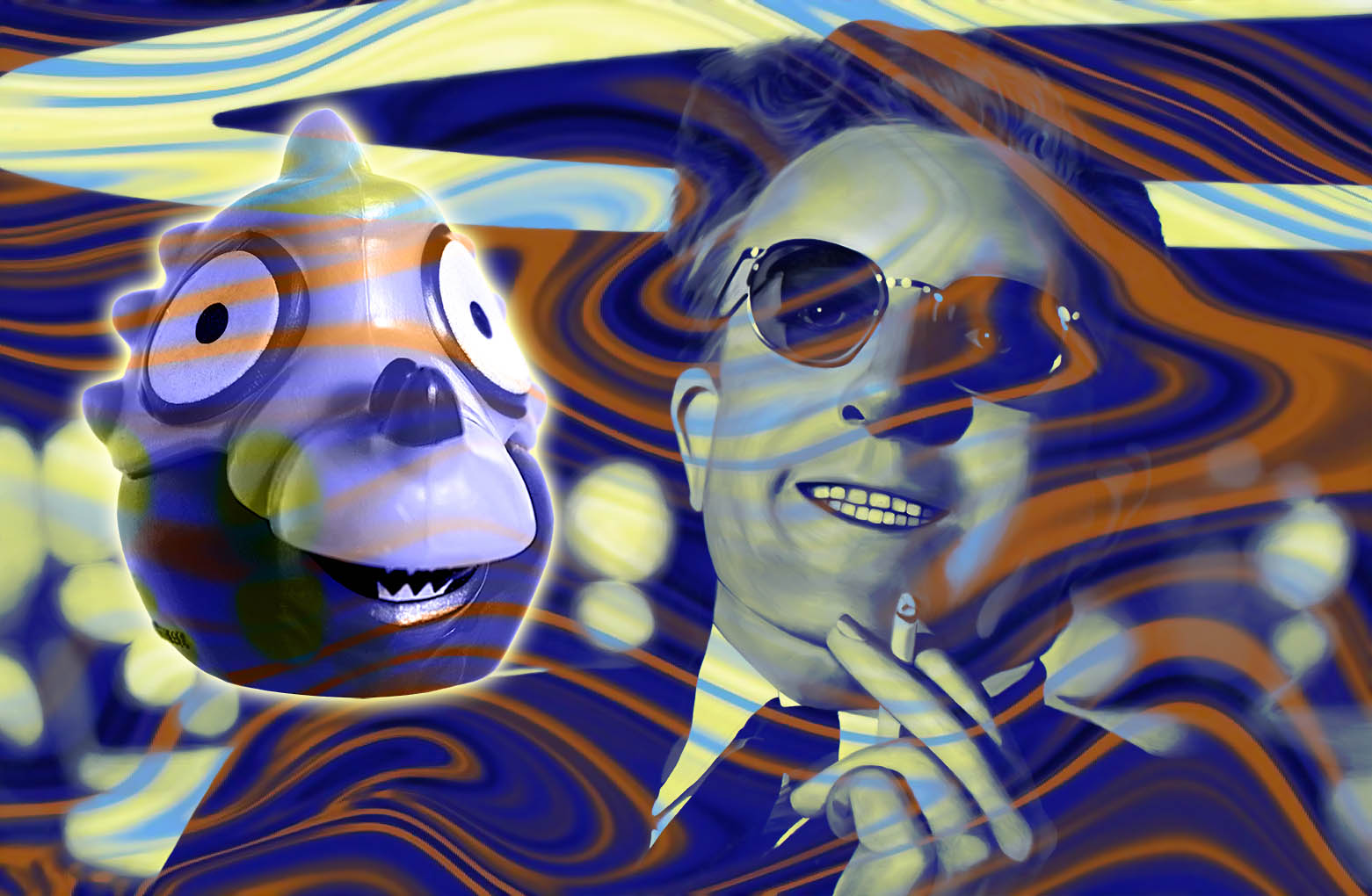 Peter Sellers from the movie Dr. Strangelove, with comic character and psychedelic graphics; artist Roland Faesser, sculptor and painter 2021