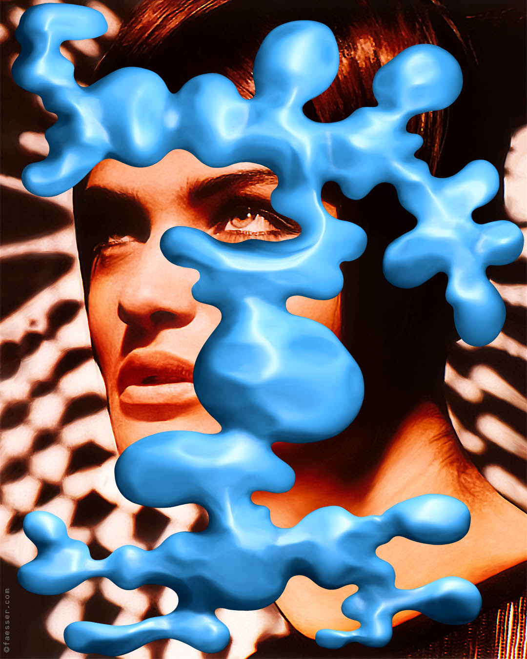 Female fashion portrait and blue bubbles; artist Roland Faesser, sculptor and painter 2016