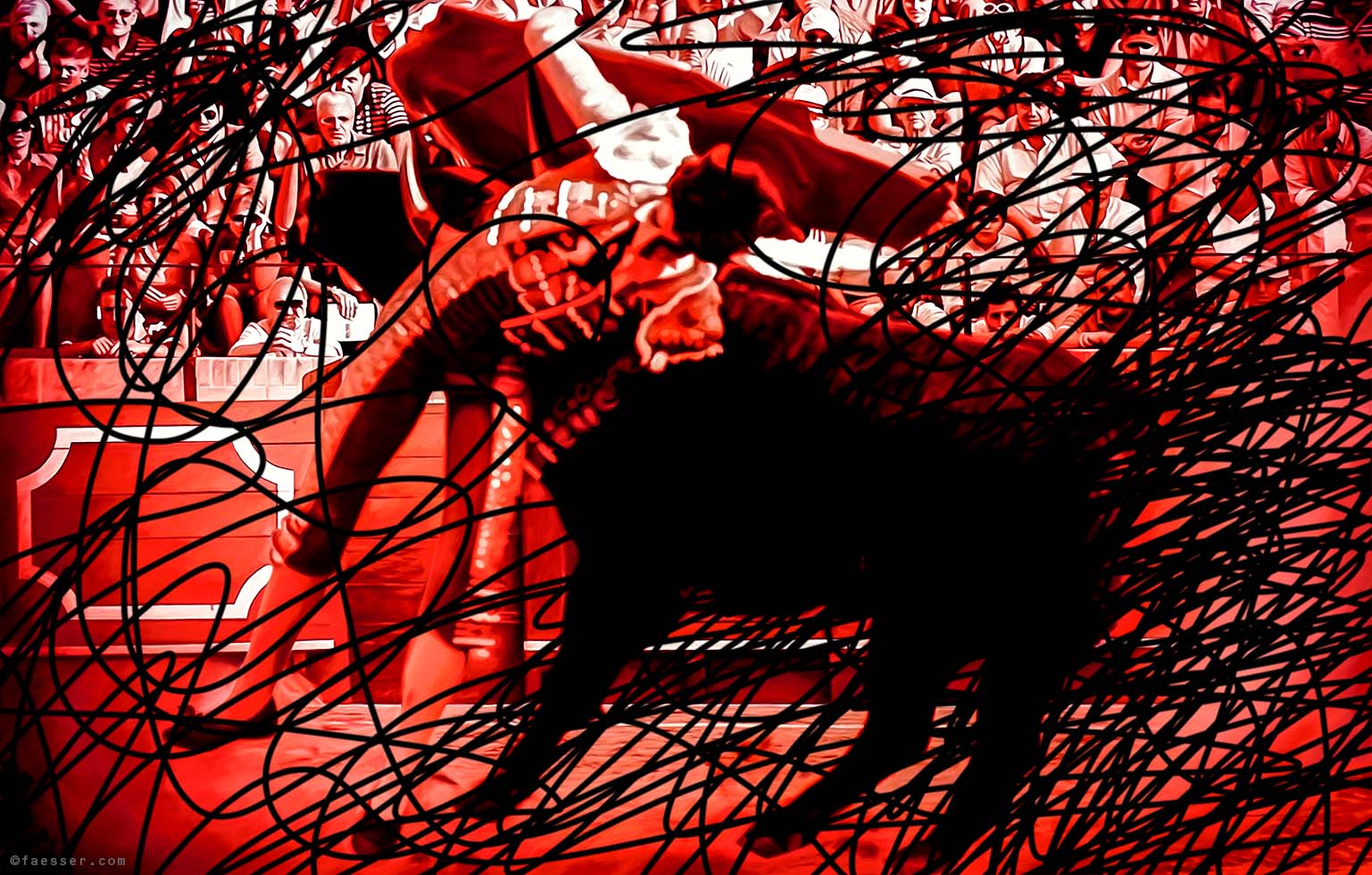 Blood red painting: Bull takes matador to the horns; artist Roland Faesser, sculptor and painter 2014