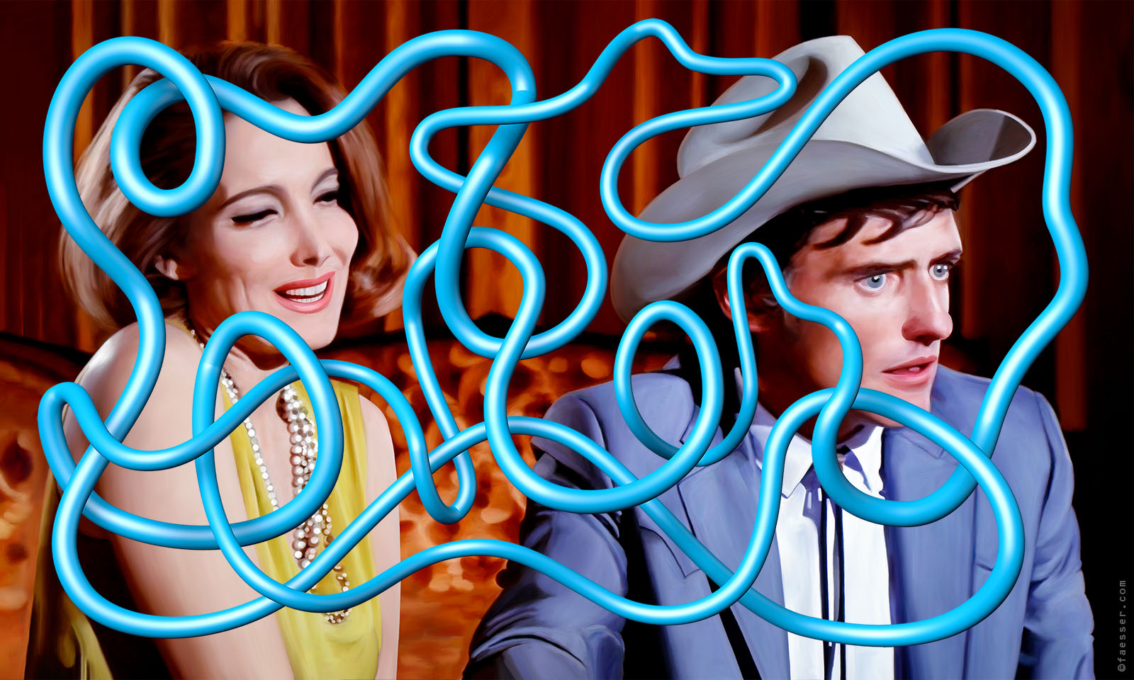 Blue endless tube line in front of Dennis Hopper and Julie Adams; artist Roland Faesser, sculptor and painter 2019