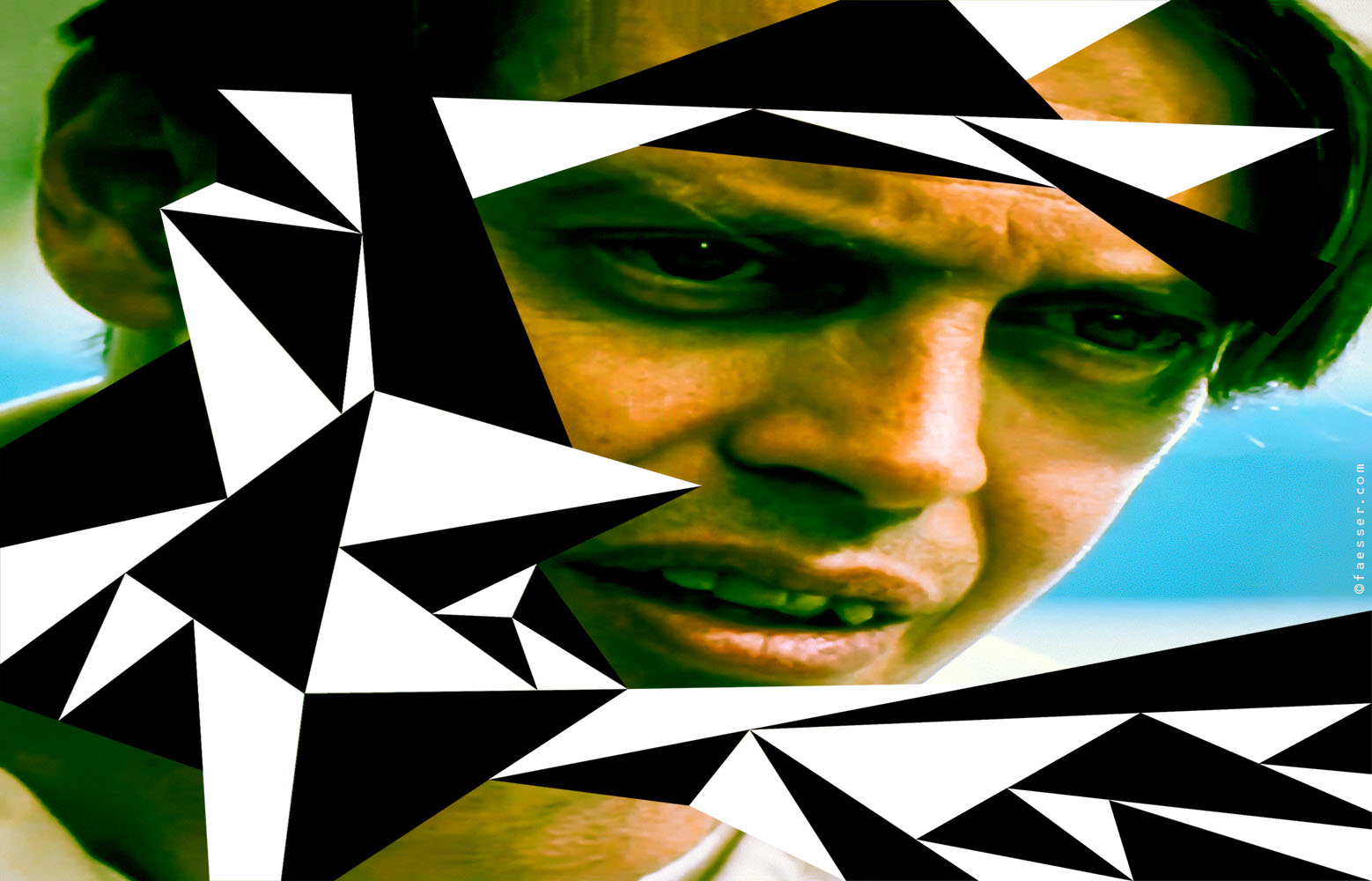 He's Got The Whole World...: Steve Buscemi from the film Con Air with abstract geometric overpainting; artist Roland Faesser, sculptor and painter 2013