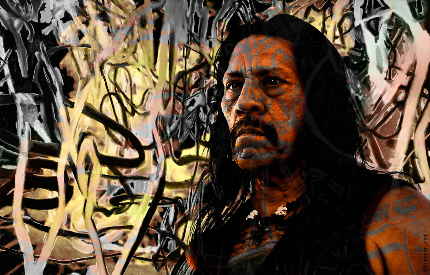 Machete: Danny Trejo from the film Machete with abstract overpainting; artist Roland Faesser, sculptor and painter 2017
