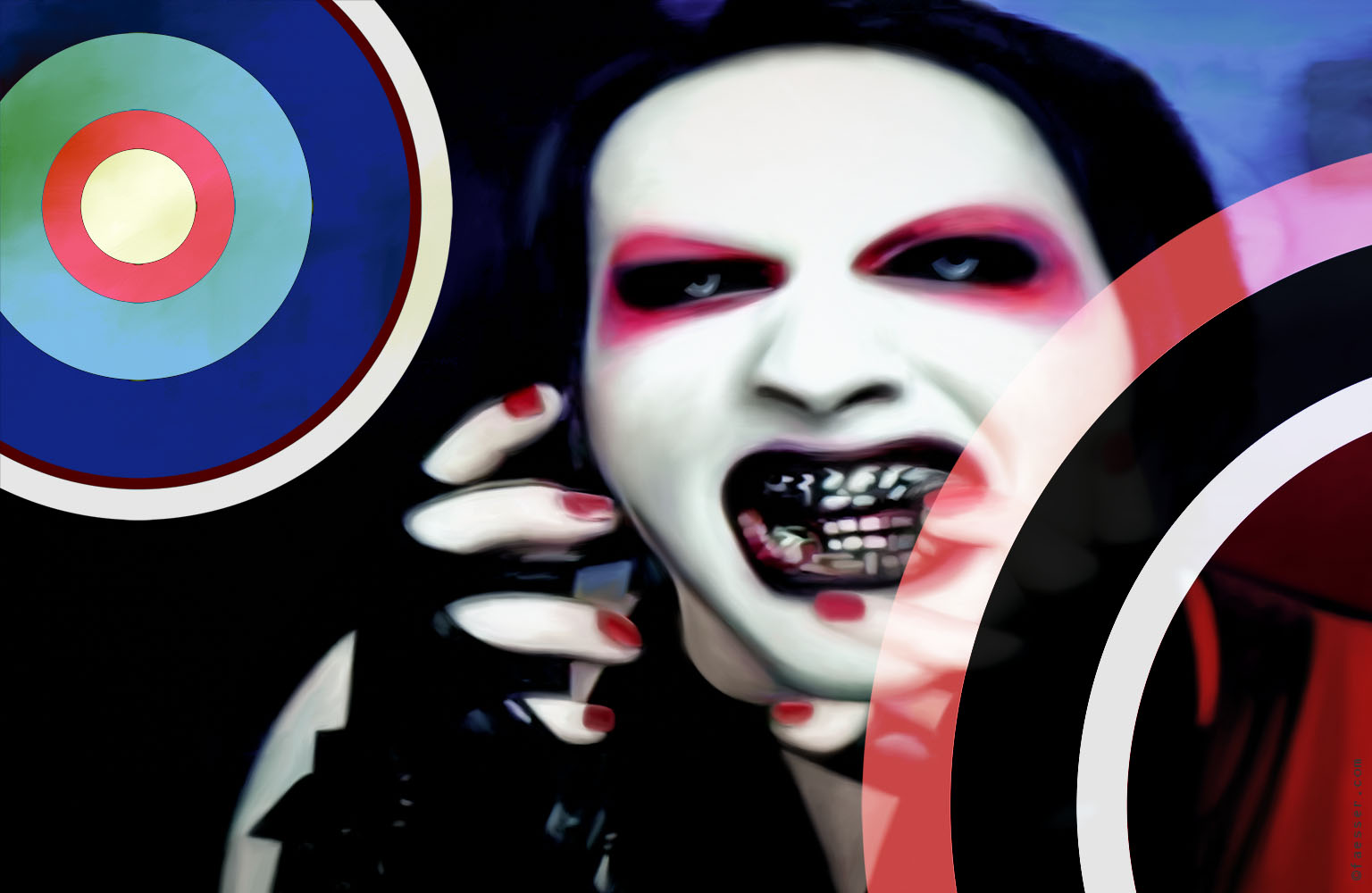 Art geometric targets with Marilyn Manson's impressive set of teeth; artist Roland Faesser, sculptor and painter 2014