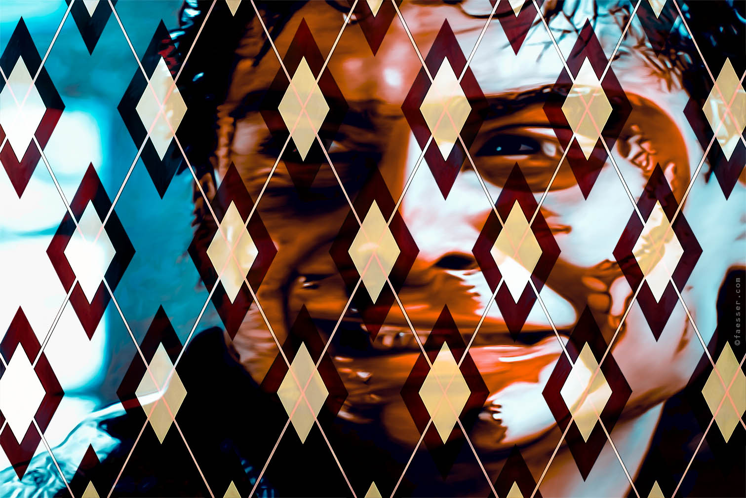 Pain distorted face behind rhombus grid; artist Roland Faesser, sculptor and painter 2014