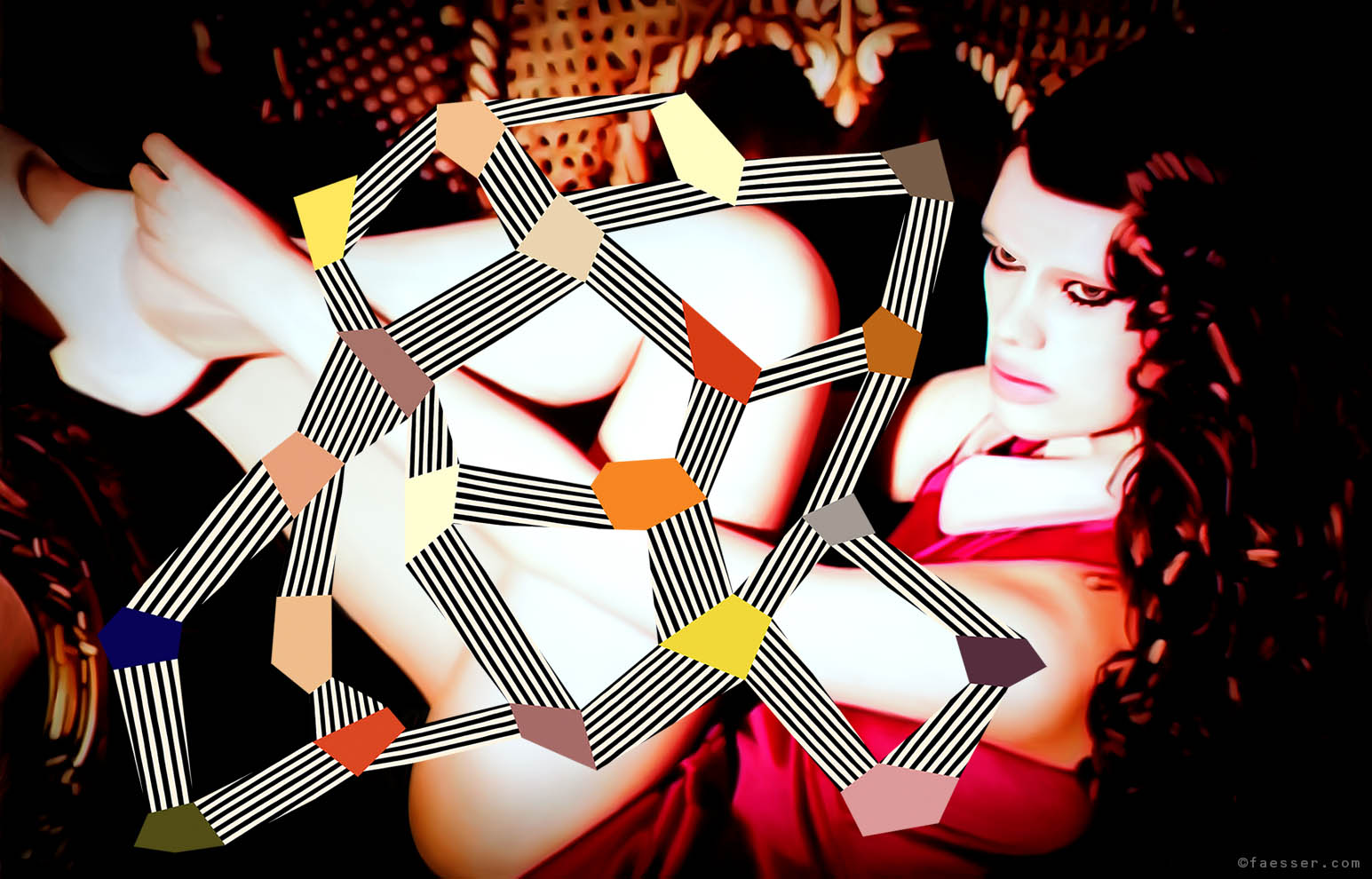 Geometric abstract art overlays a fashionable model portrait; artist Roland Faesser, sculptor and painter 2015