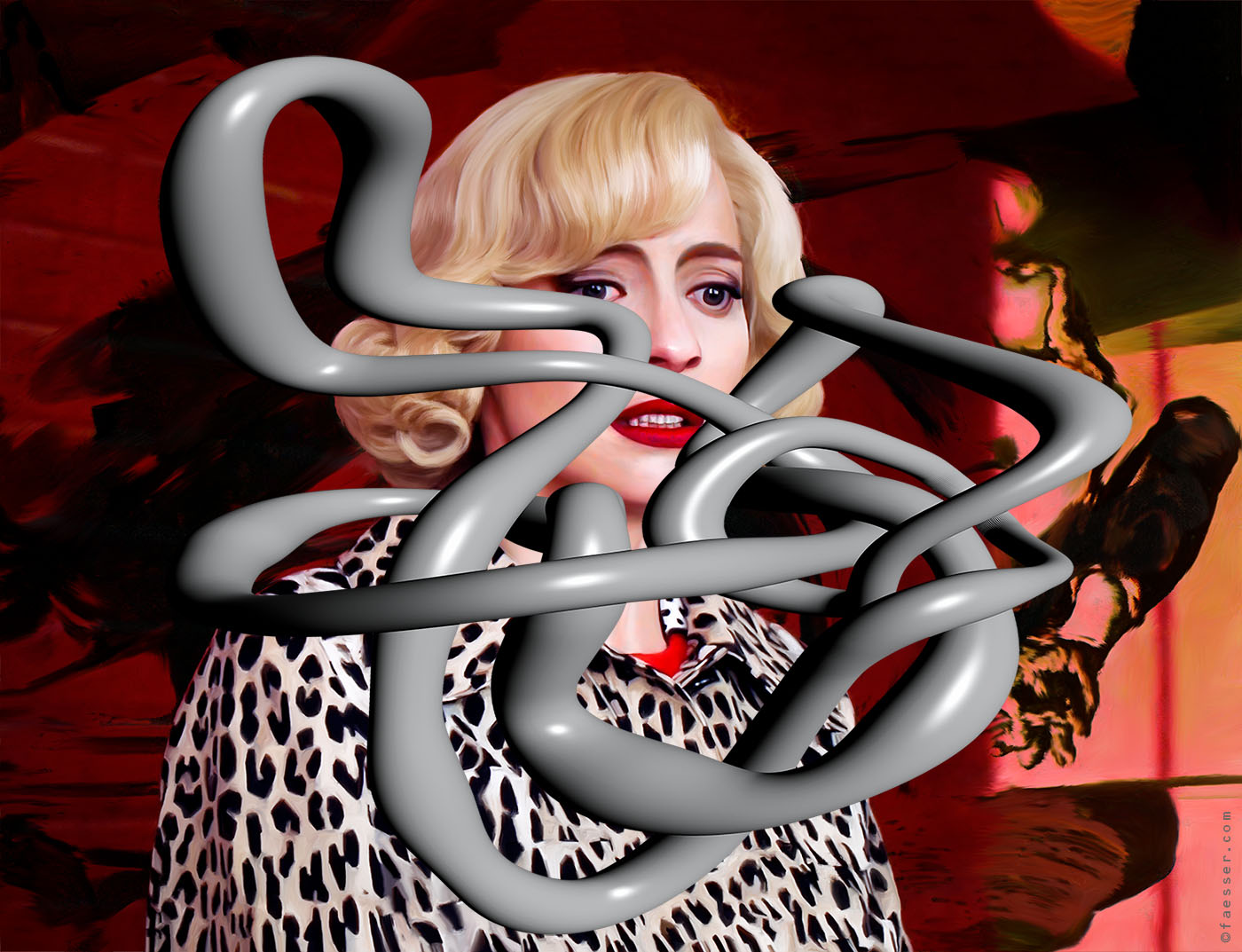 Tunnel Vision, blond girl with leopard coat, overpainted with grey 3D tube; artist Roland Faesser, sculptor and painter 2016