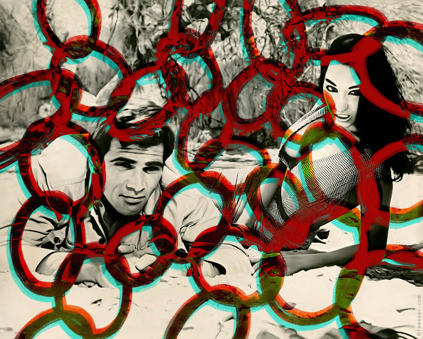 Motorpsychochain, as a painted film still from one of Russ Meyers movies; artist Roland Faesser, sculptor and painter 2018