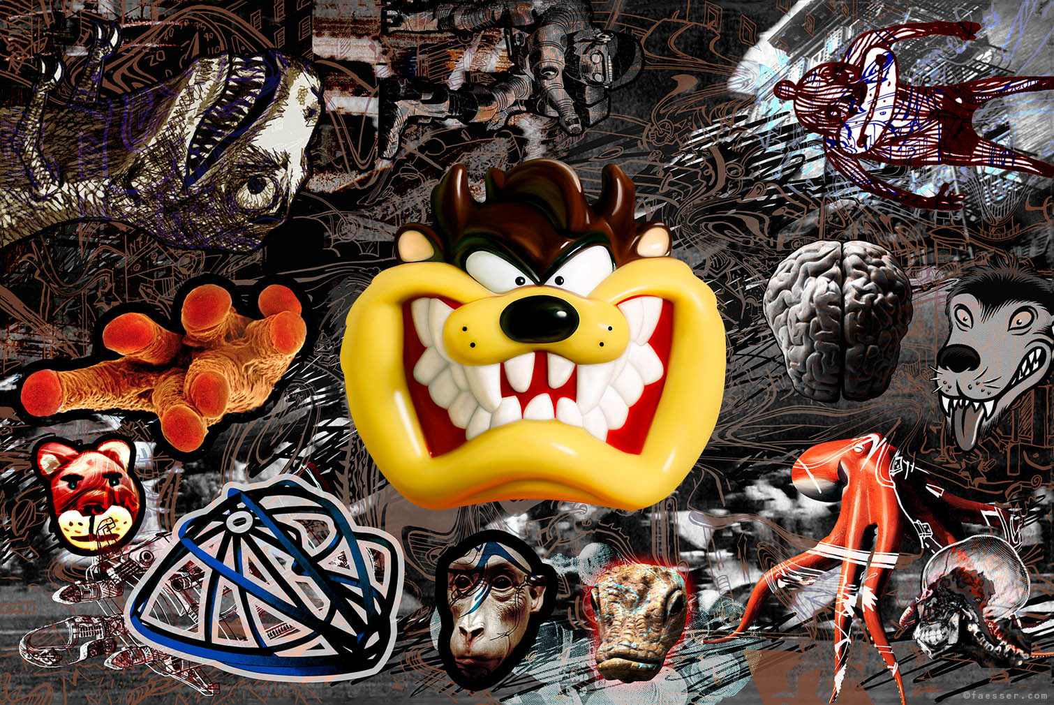 One of the Beagle Boys is grinding his teeth in the middle of a wild scenery; artist Roland Faesser, sculptor and painter 2012