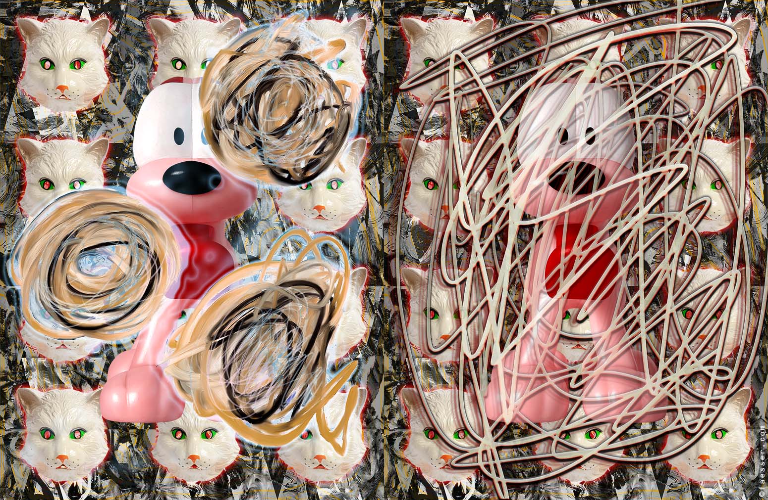 Shining cats masks observe their pink friend Pluto; artist Roland Faesser, sculptor and painter 2023