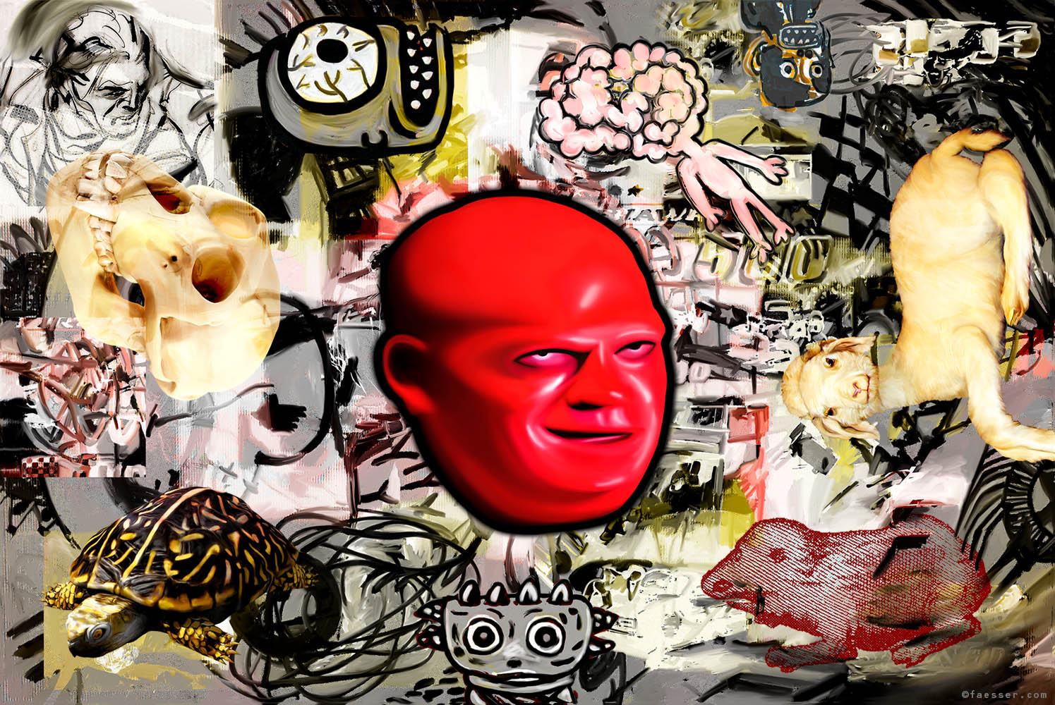 Hot-tempered bald head surrounded with his subordinates; artist Roland Faesser, sculptor and painter 2013