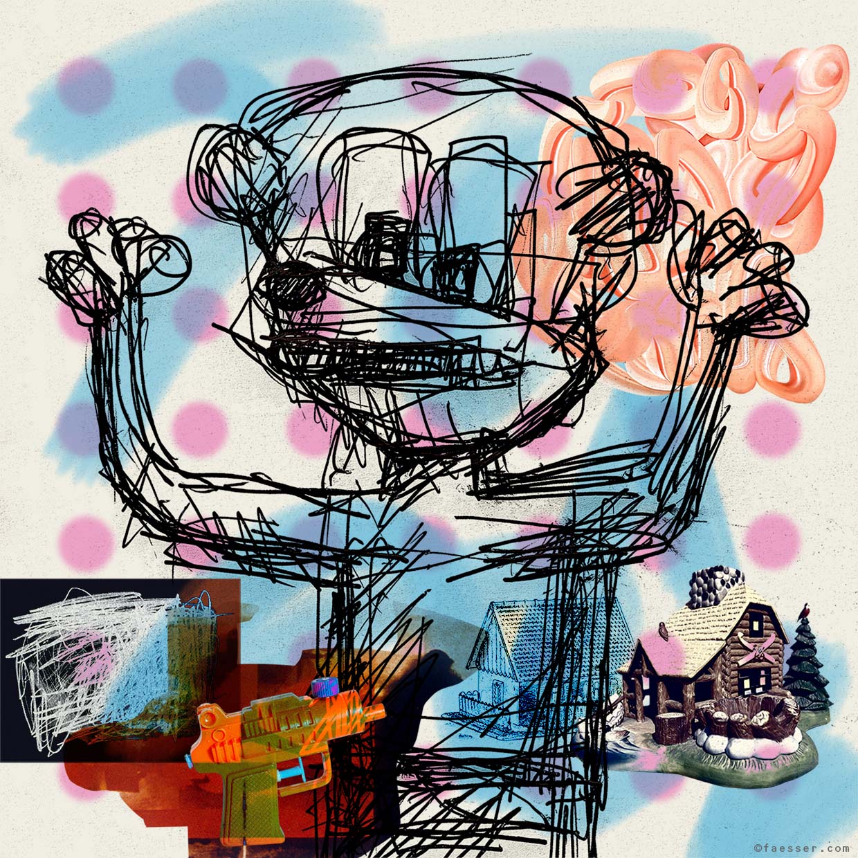 Sketched Mickey Mouse with hands up; artist Roland Faesser, sculptor and painter 2020