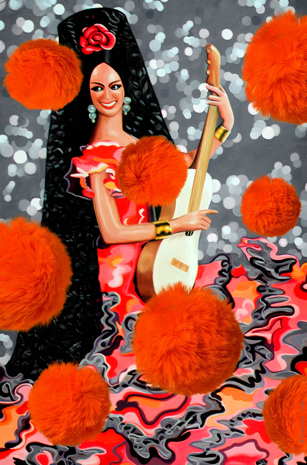 Naive painting from a Sevilla guitarrista with red furballs in front; artist Roland Faesser, sculptor and painter 2023