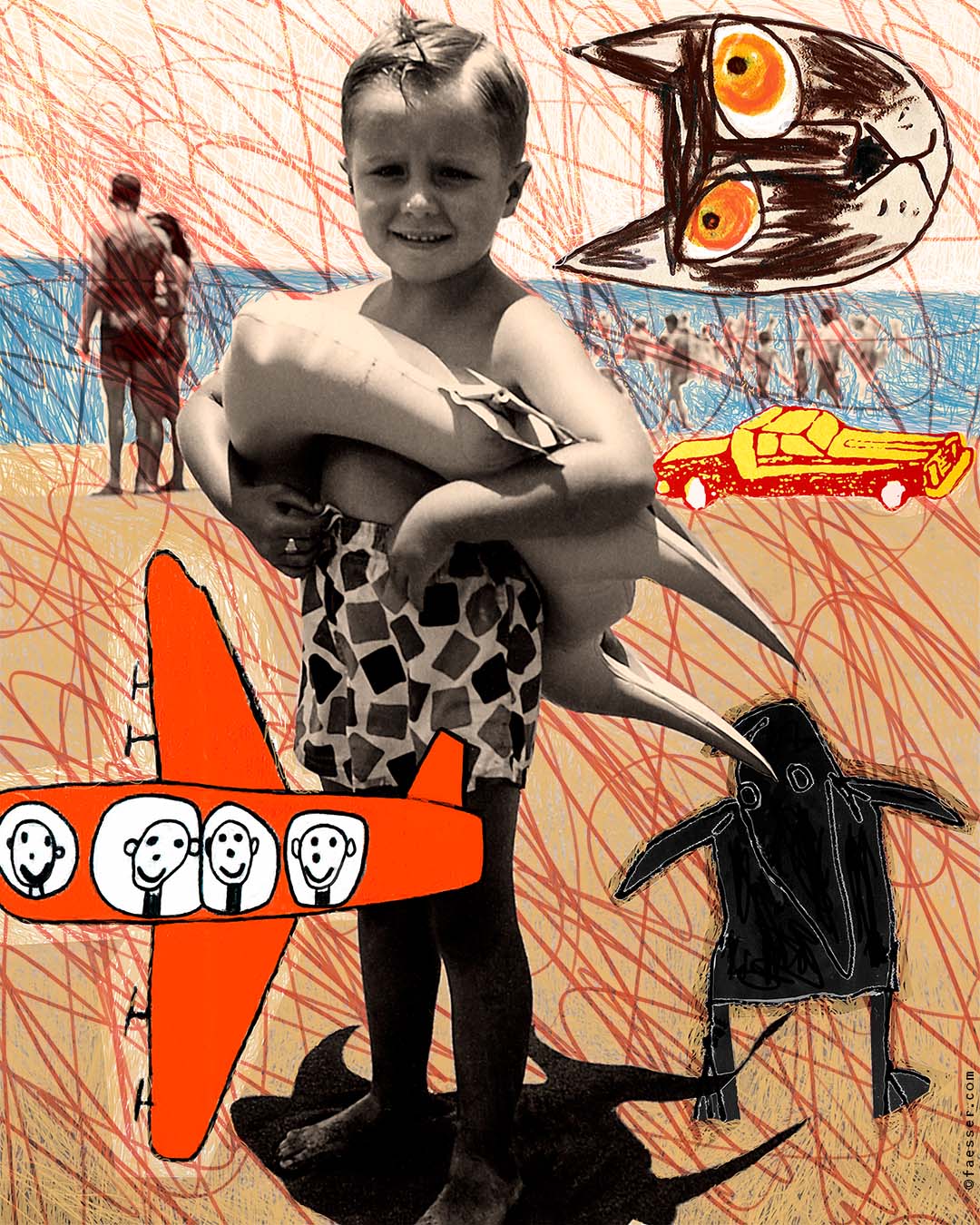 Forerunner: Self-portrait as a five year old with inflated animal and left-handed drawings; artist Roland Faesser, sculptor and painter 2017