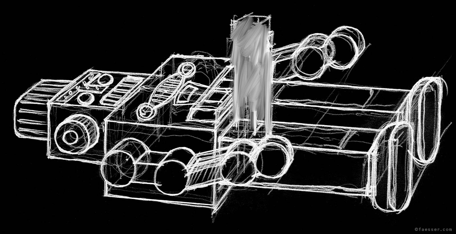 Technical Climax: a drawing of an all-to-human robot; artist Roland Faesser, sculptor and painter 2010