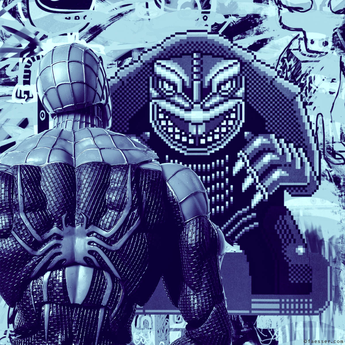 Art Nerd: Spiderman is studing my Godzilla painting at the exhibition; artist Roland Faesser, sculptor and painter 2019