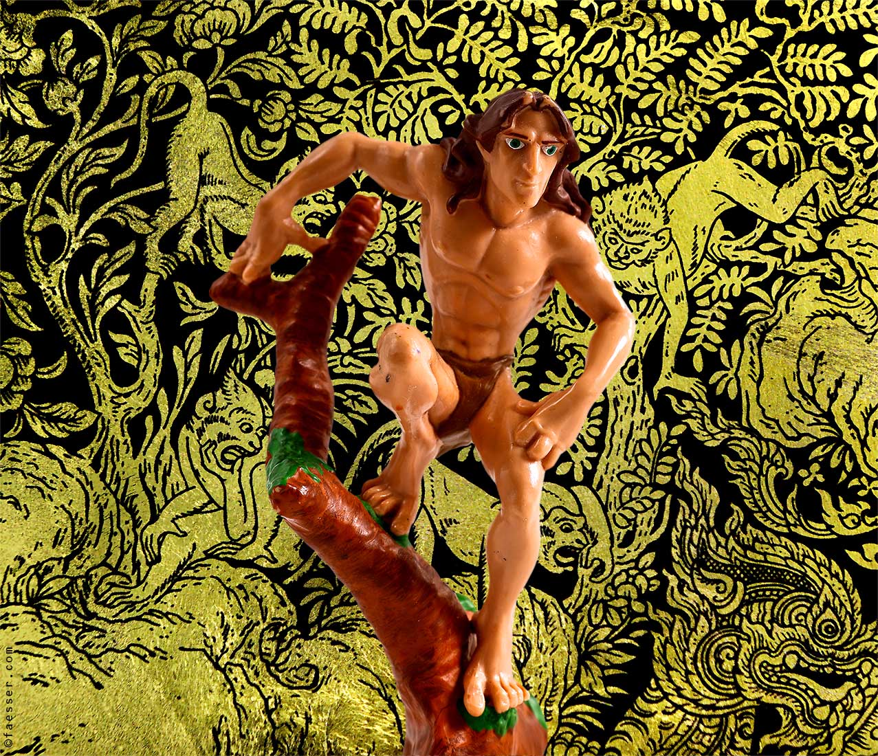 Jungle drawing with 3D Tarzan figure; work of art as digital painting; artist Roland Faesser, sculptor and painter 2018