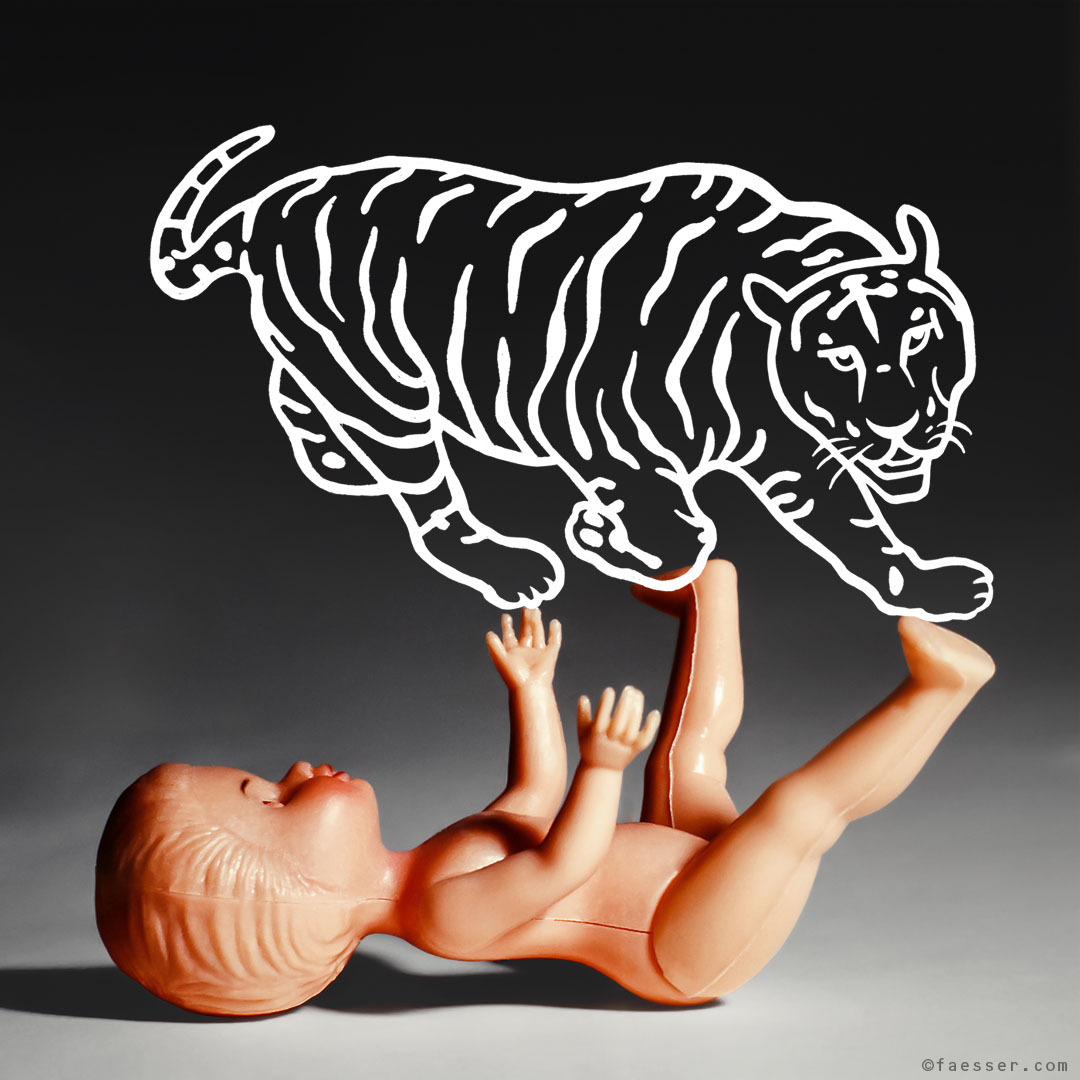 Baby doll is balancing a comic sketch tiger; works of art; artist Roland Faesser, sculptor and painter 2018