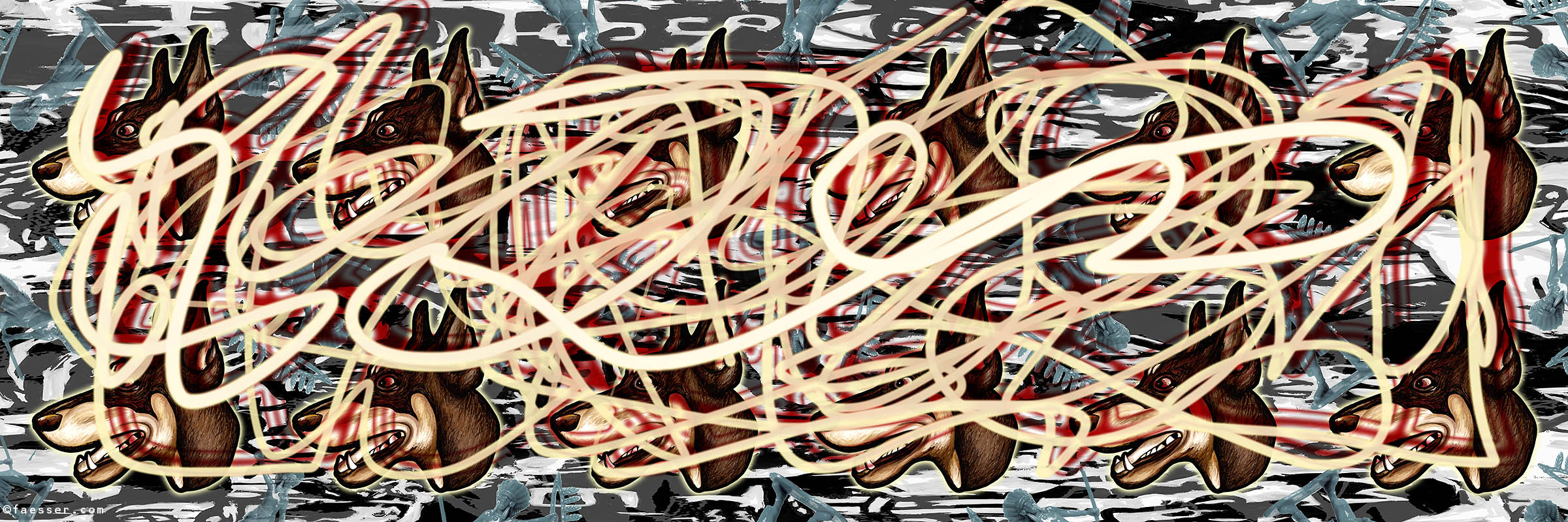 Drawing dog portrait multiplied by the dozen with overlapping tracks; artist Roland Faesser, sculptor and painter 2023