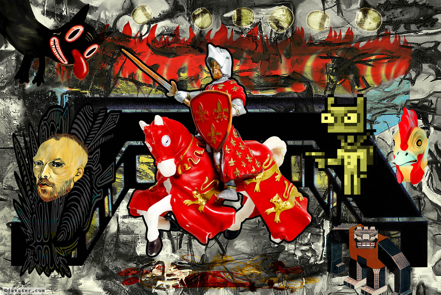 Red Knight in apocalyptic landscape; artist Roland Faesser, sculptor and painter 2014