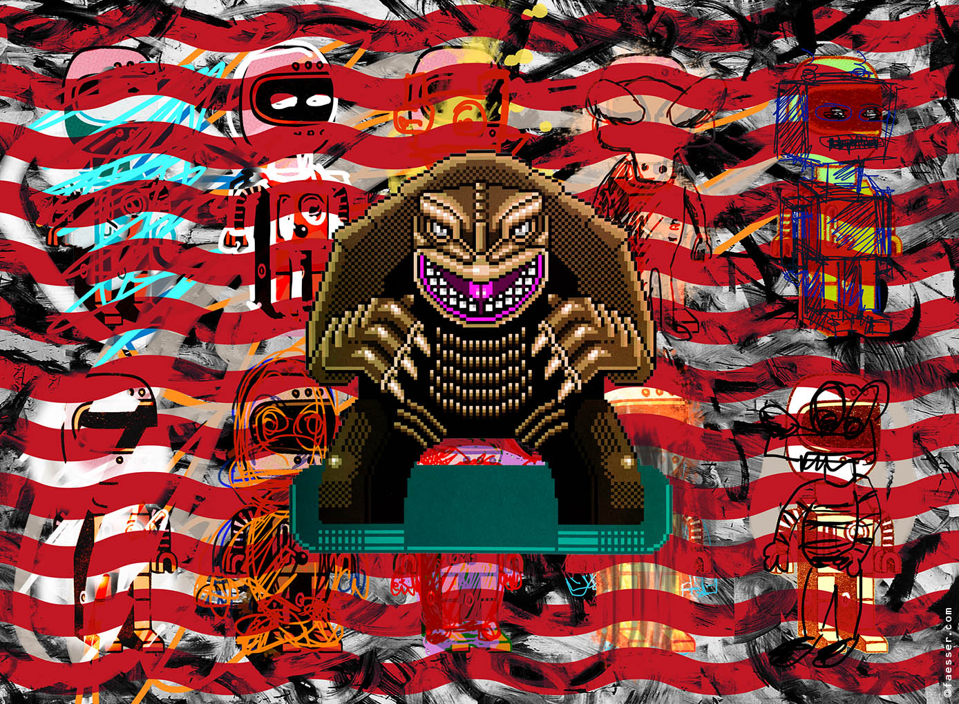 Ten astronaut drawings with Godzilla as the dominator; artist Roland Faesser, sculptor and painter 2017