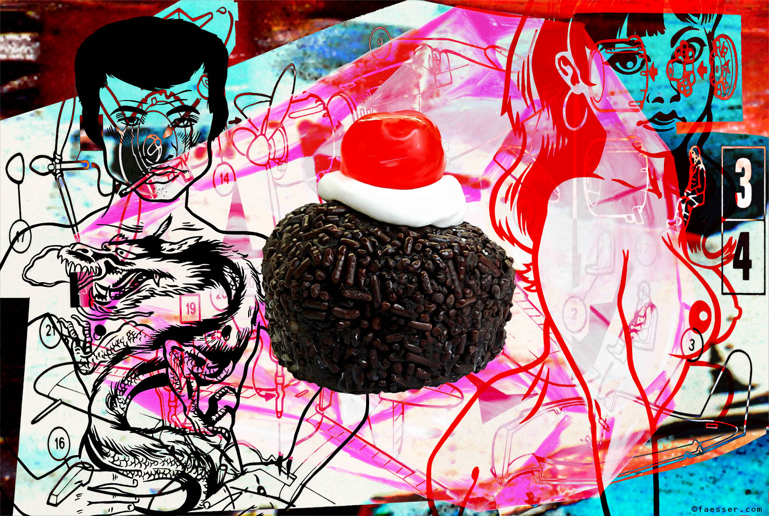 Red cherry patisserie with rocker and whore as comic figures; artist Roland Faesser, sculptor and painter 2014