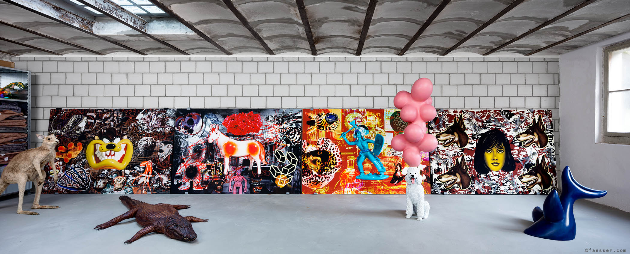 Studio view 2014, with four canvas prints and sculptures; artist Roland Faesser, sculptor and painter 2014