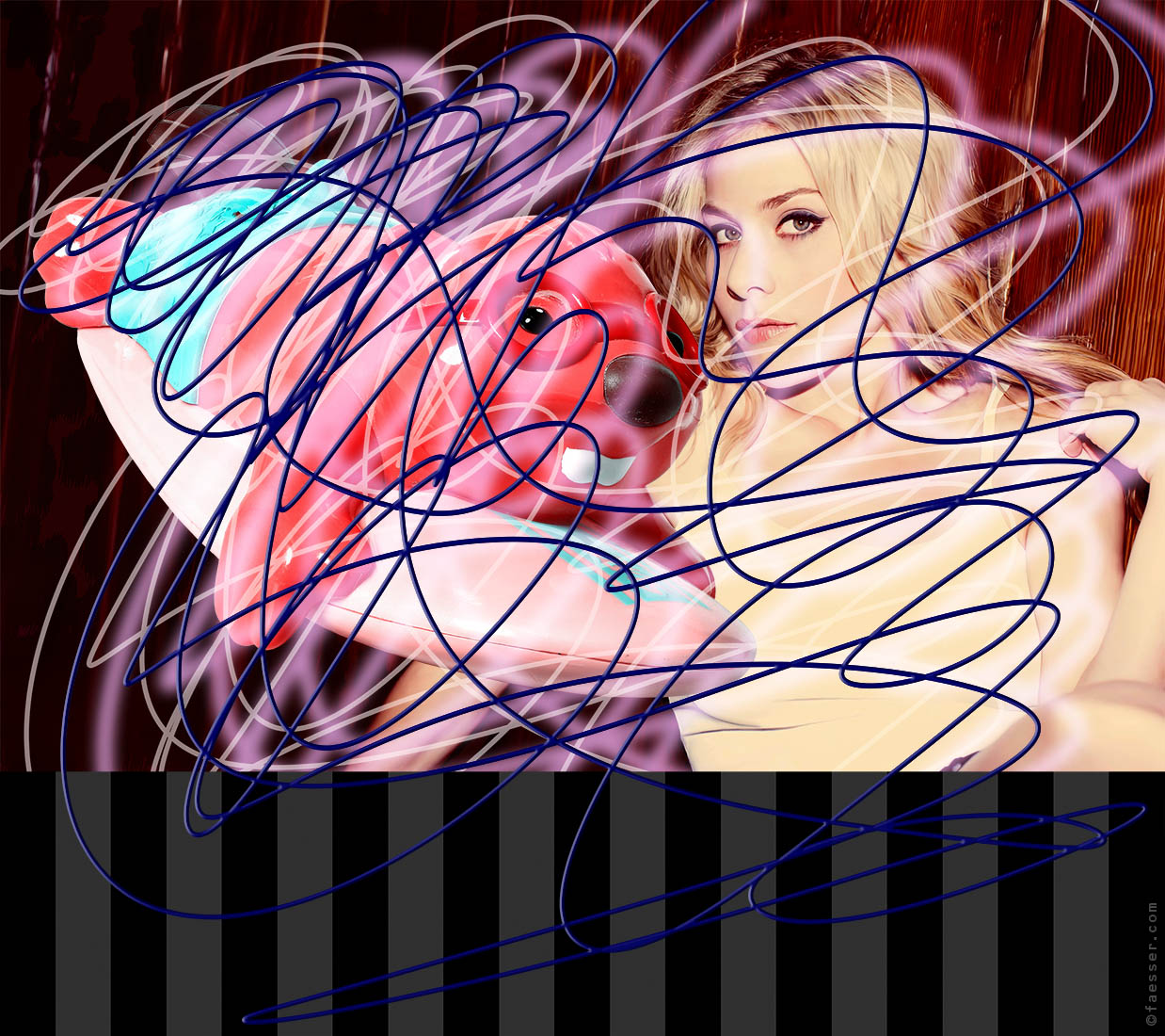 Bathtub plastic beaver and a portrait of a blonde girl; work of art as figurative painting; artist Roland Faesser, sculptor and painter 2018