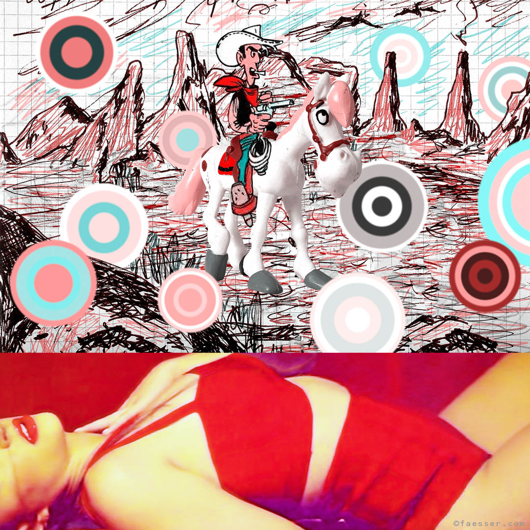 lascivious red lady with a landscape drawing of Lucky Luke and his horse; work of art as figurative painting; artist Roland Faesser, sculptor and painter 2018