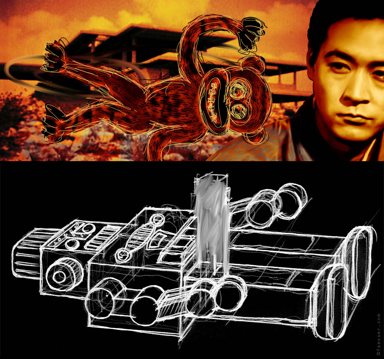 Flying monkey drawing in front of a surreal landscape with Asian businessman and an emotional robot sketch; work of art as figurative painting; artist Roland Faesser, sculptor and painter 2019
