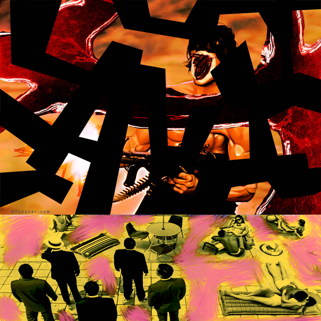 Rambo and Massacre Gun's glorified violence; work of art as figurative painting; artist Roland Faesser, sculptor and painter 2017