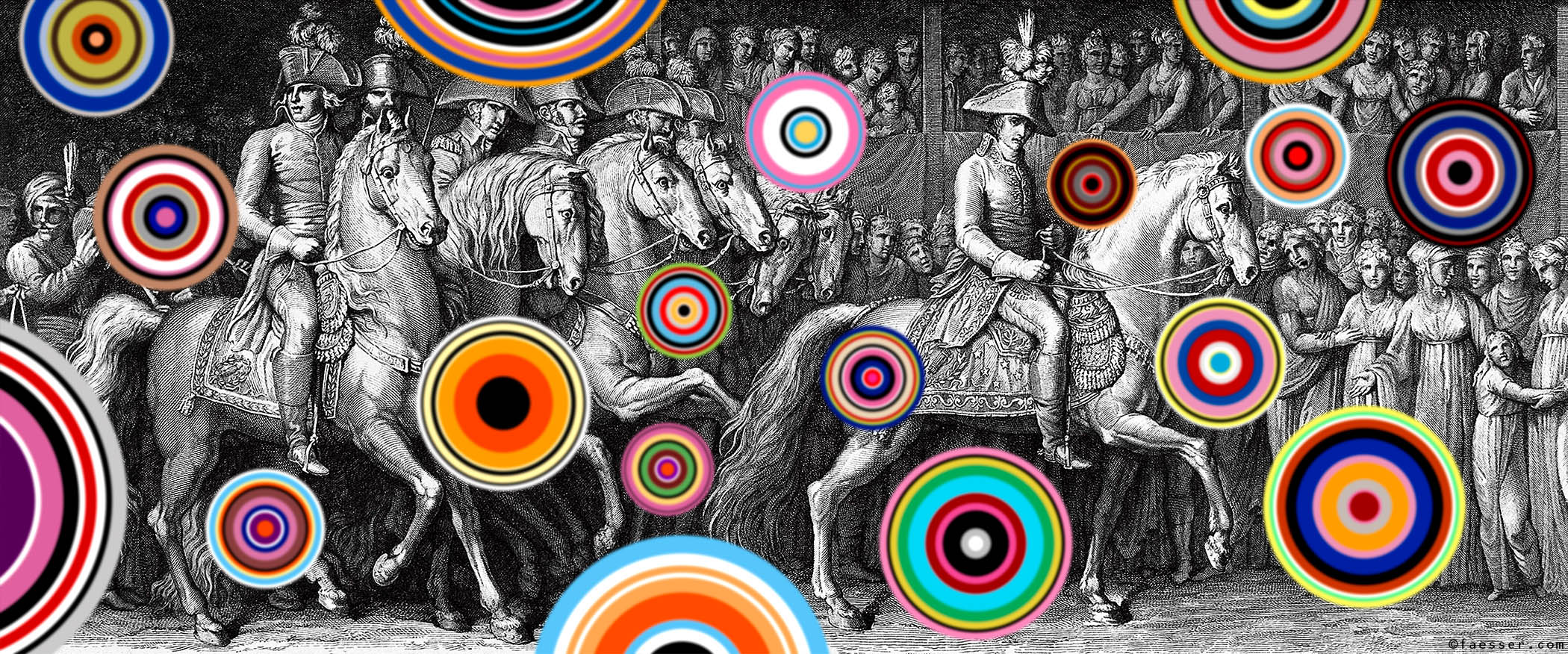 Colored Bubbles, after Andrea Appiani's large painting of French troops invaded in Milan; work of art as figurative painting; artist Roland Faesser, sculptor and painter 2017