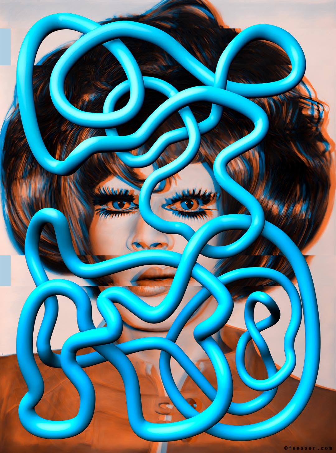 Manipulated glitch portrait from a polaroid from Andy Warhol with Helen-Henry Morales and abstract 3D tube sculpture; work of art as figurative painting; artist Roland Faesser, sculptor and painter 2022