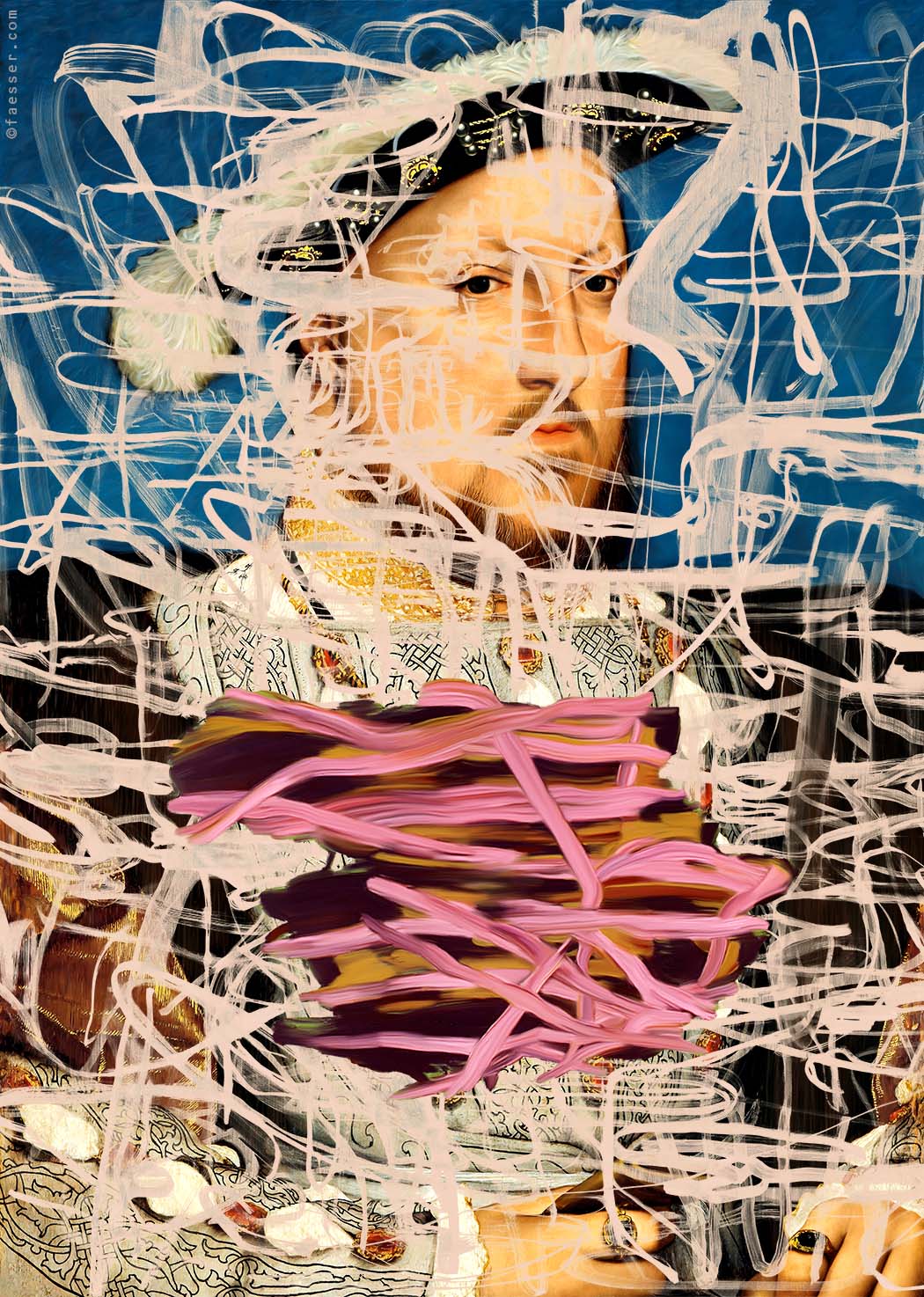 Portrait of Henry VIII of England by Hans Holbein the Younger, overpainted with abstract lines; work of art as figurative painting; artist Roland Faesser, sculptor and painter 2023