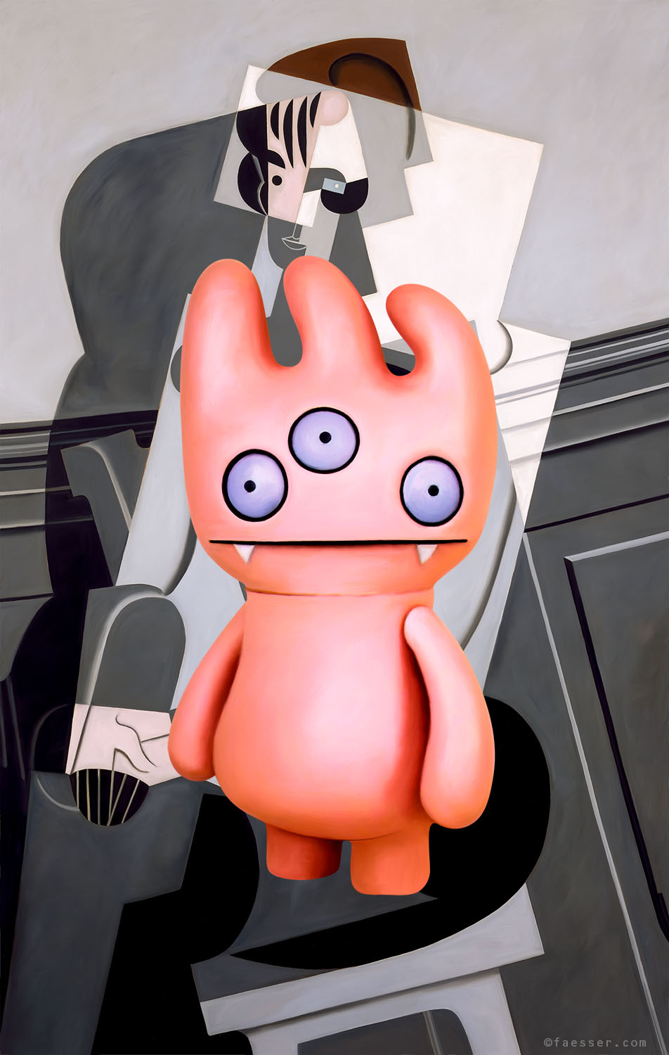 Threesomes, Juan Gris's cubism meets organic creature with three eyes; work of art as figurative painting; artist Roland Faesser, sculptor and painter 2017