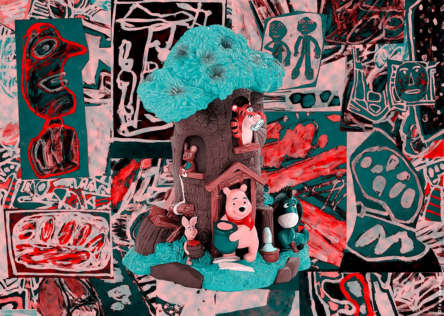 Plastic toy with Winnie the Pooh's friends and Jean Dubuffet's transformed painting; work of art as figurative painting; artist Roland Faesser, sculptor and painter 2022