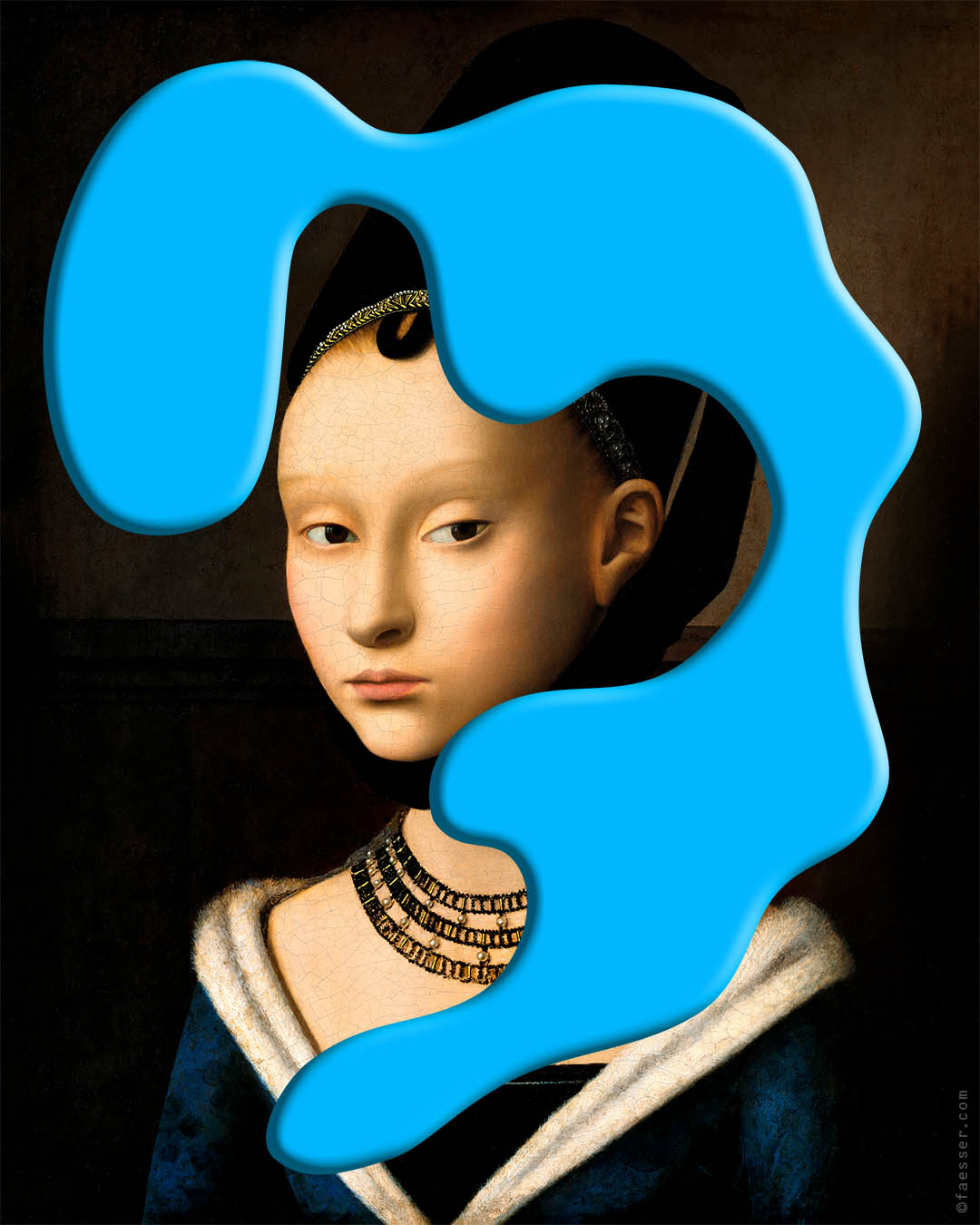 Large Tear, after Petrus Christus's portrait of a young woman; work of art as figurative painting; artist Roland Faesser, sculptor and painter 2016