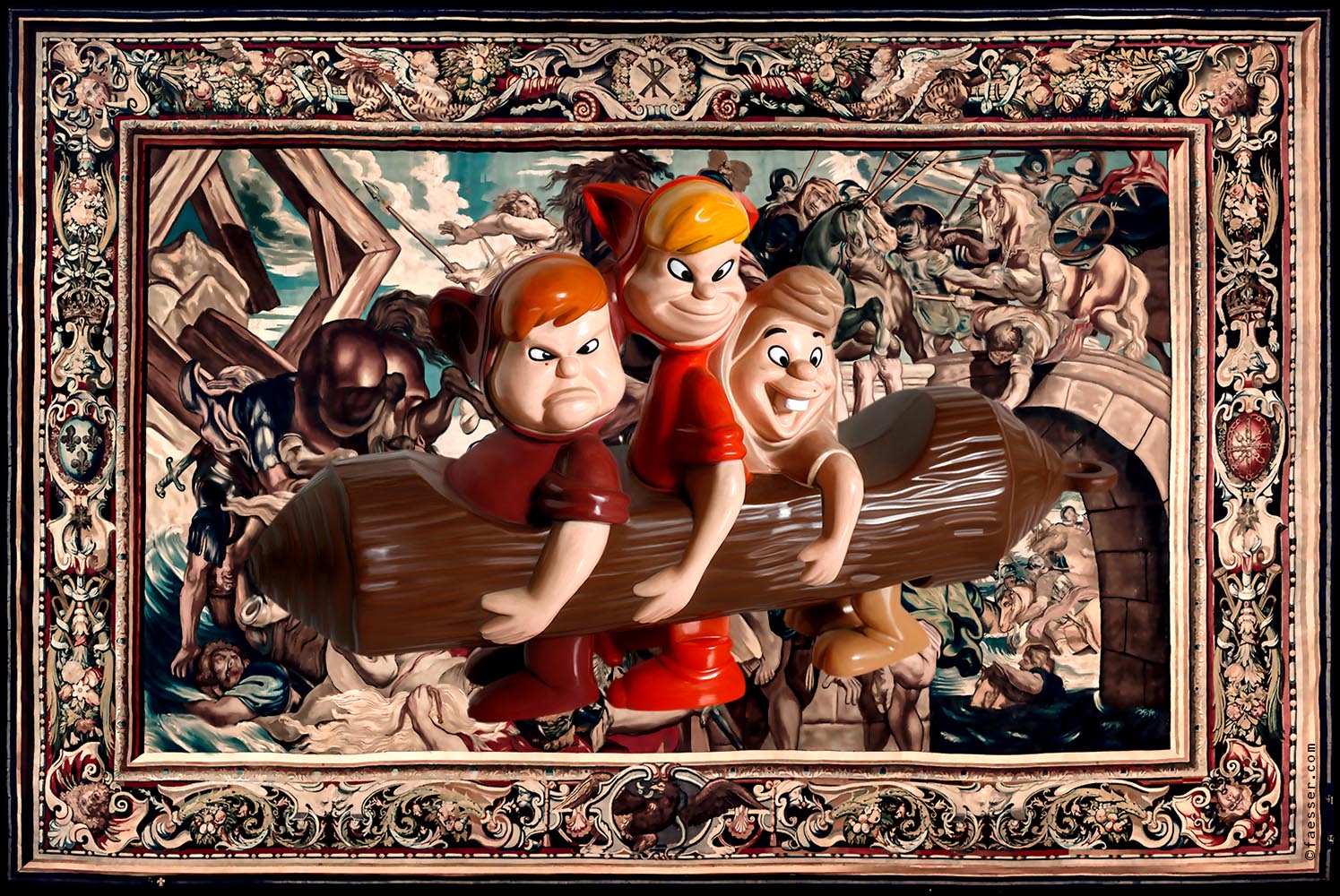 Peter Paul Rubens Tapestry with the Battle of the Milvian Bridge and three comic figures as The Pushers; work of art as figurative painting; artist Roland Faesser, sculptor and painter 2017
