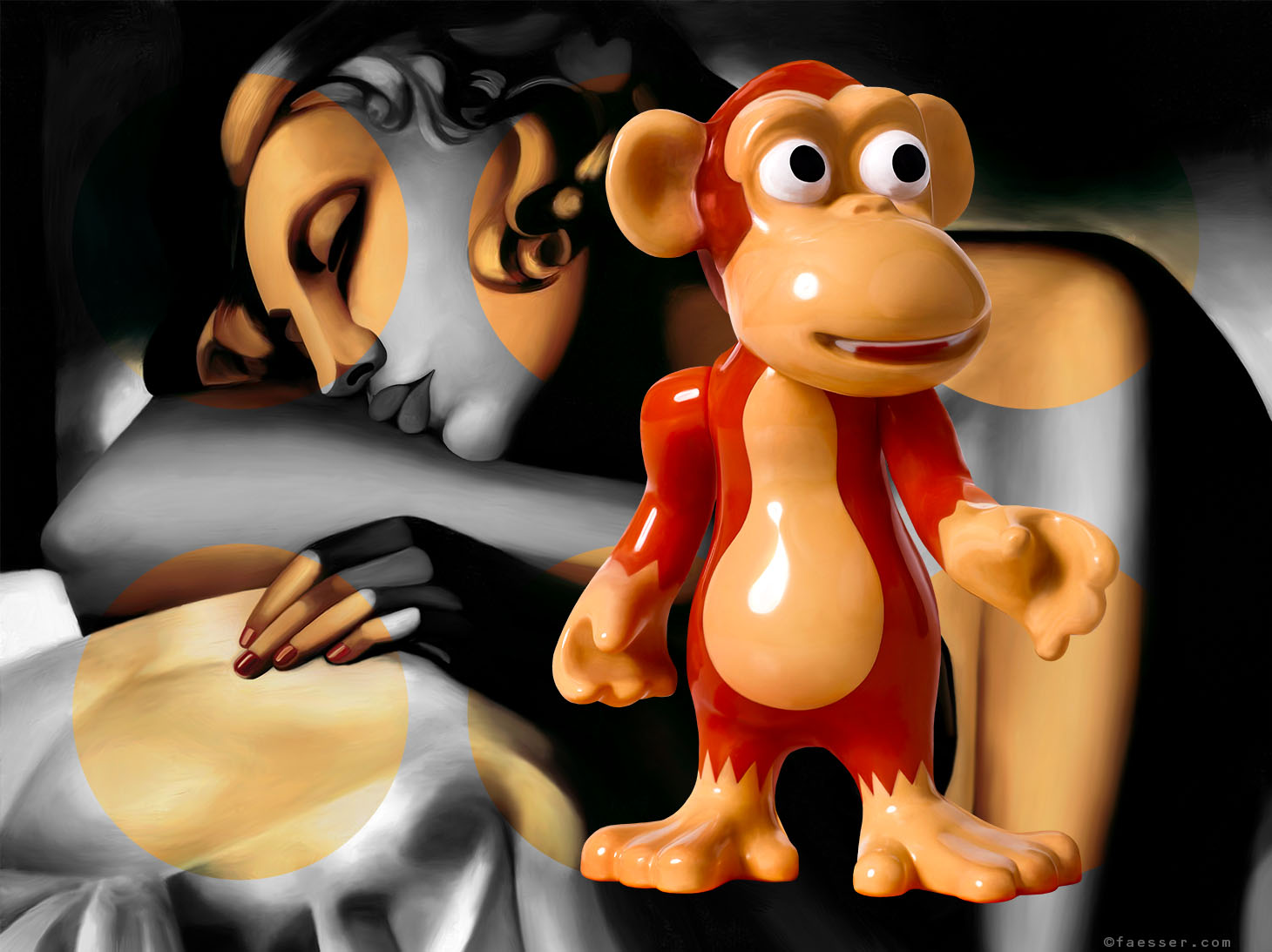 Toy Monkey with a manipulated background painting from Tamara de Lempicka; artist Roland Faesser, sculptor and painter 2022