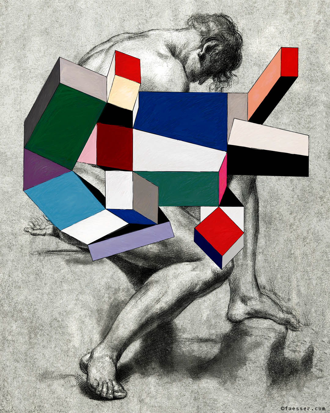 Unknown men's nude drawing with abstract geometric modules; work of art as figurative painting; artist Roland Faesser, sculptor and painter 2018