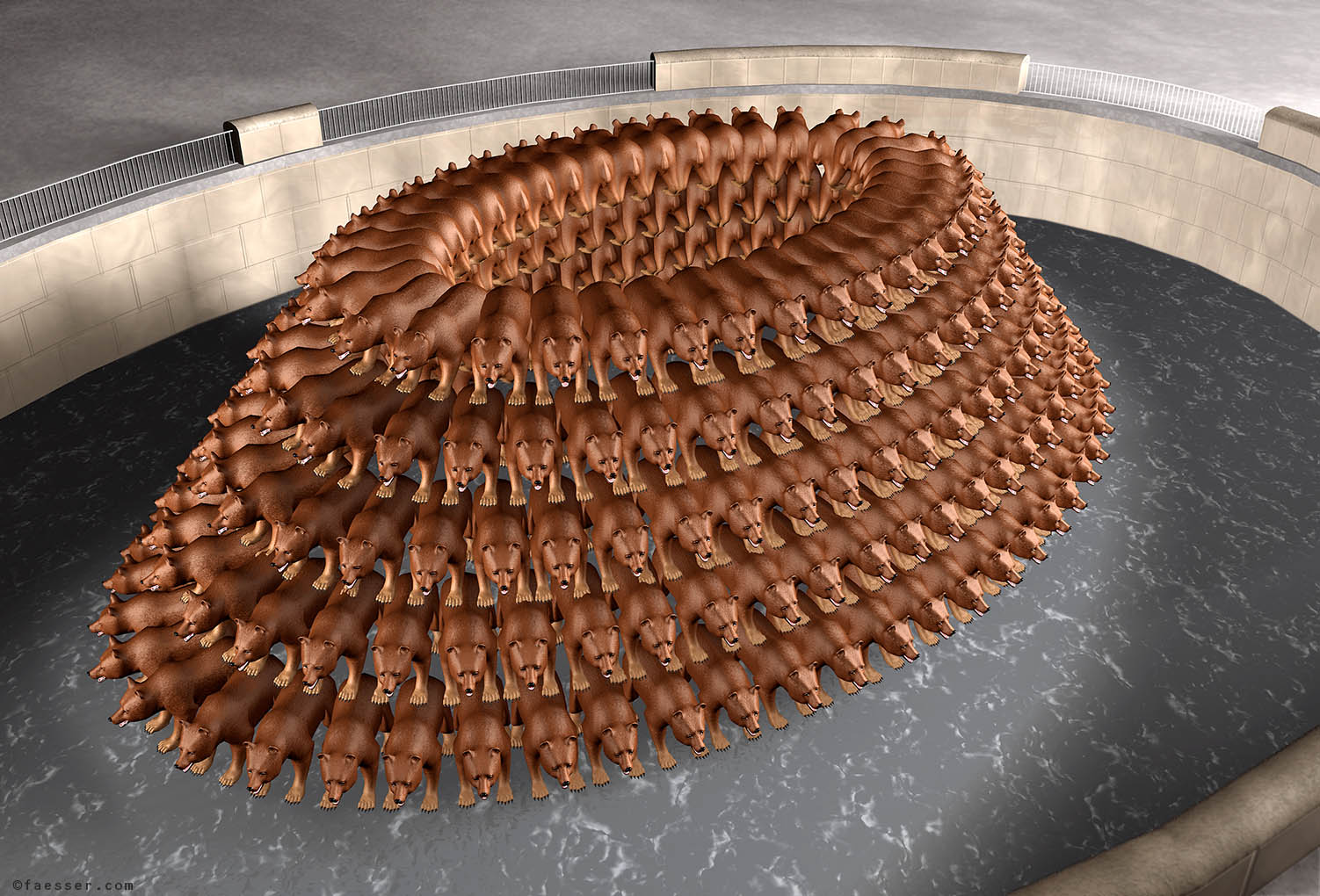 250 bears in natural size as a pyramid in the bear pits in Bern, Switzerland; work of art as figurative sculpture; artist Roland Faesser, sculptor and painter 2003