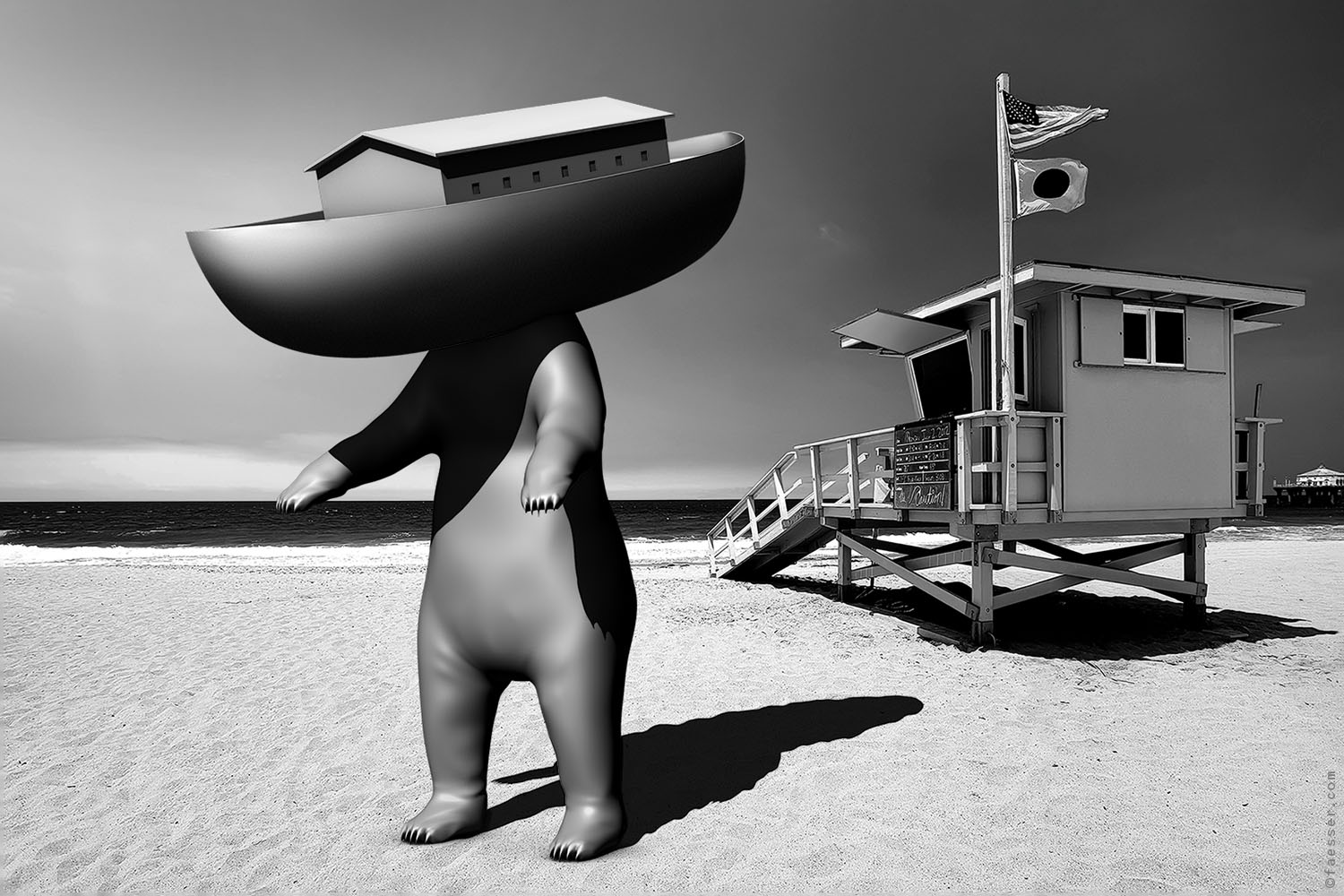 Large bear with Noah's Ark shouldered, at Art Miami Beach as memorial art sculpture; work of art as figurative sculpture; artist Roland Faesser, sculptor and painter 2017