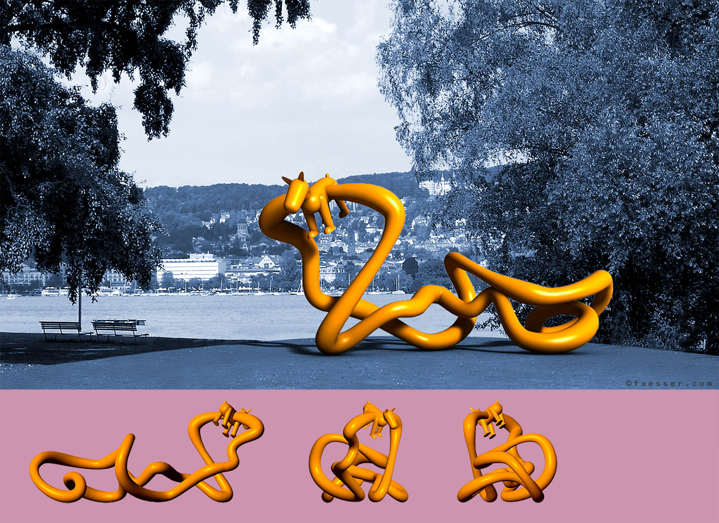 Sculptural, oversized tube, carrying a dog; artist Roland Faesser, sculptor and painter 2010