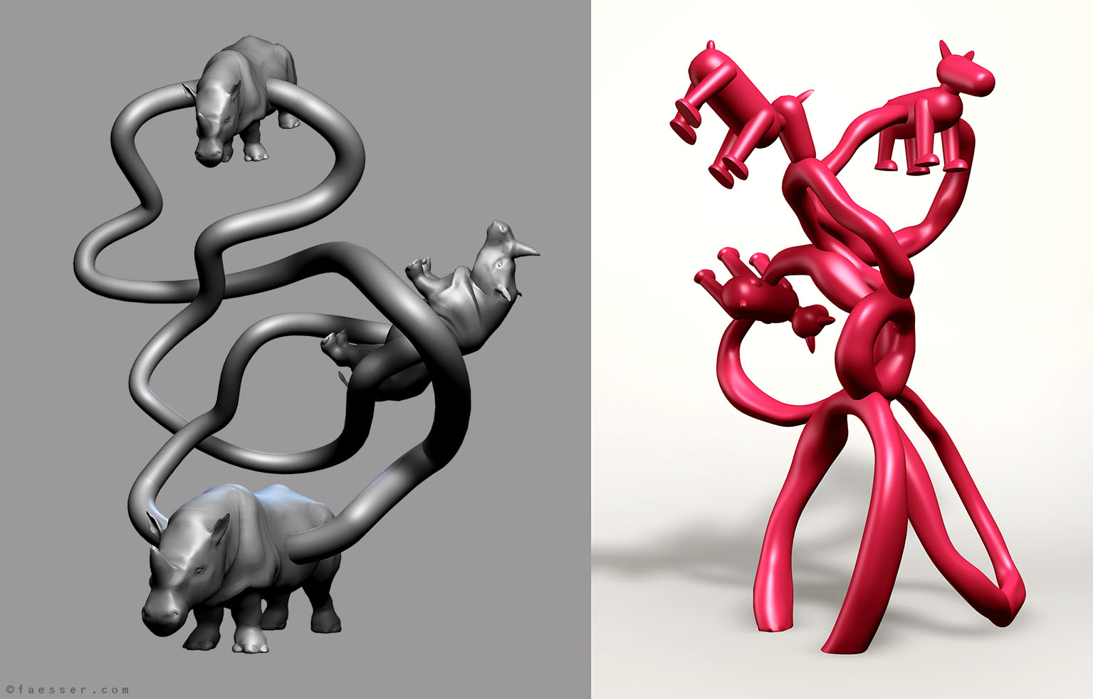 Entangled tubes draped with different animals; artist Roland Faesser, sculptor and painter 2006