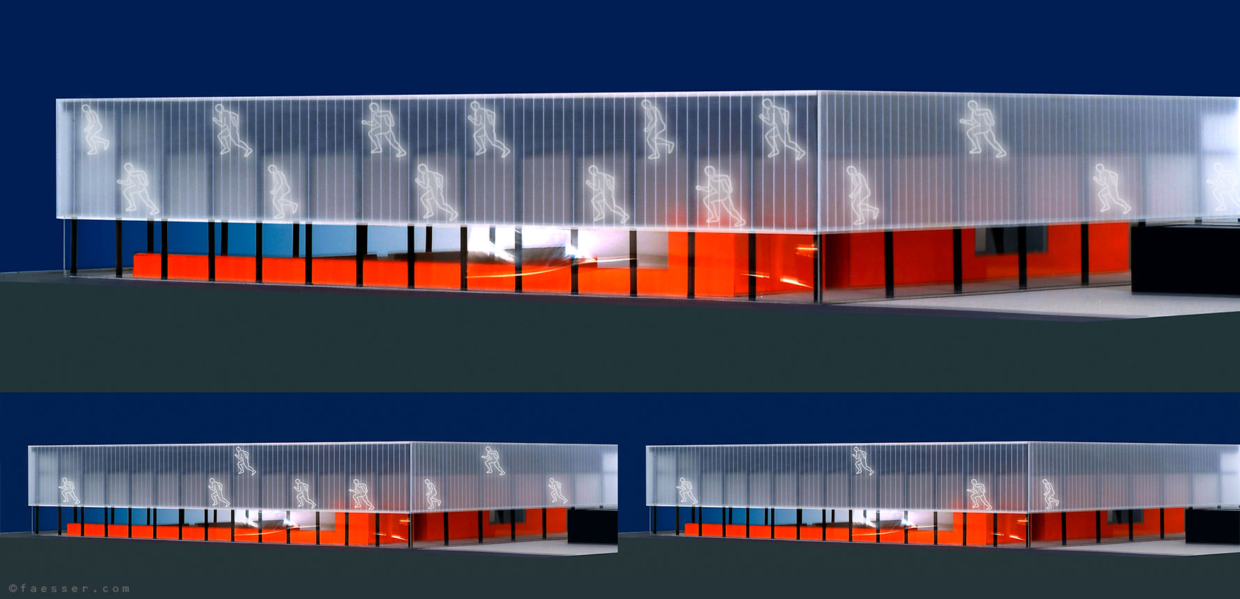 1 to 15 neon relay runners in endless loop, running along the facade of the gym hall; artist Roland Faesser, sculptor and painter 2004