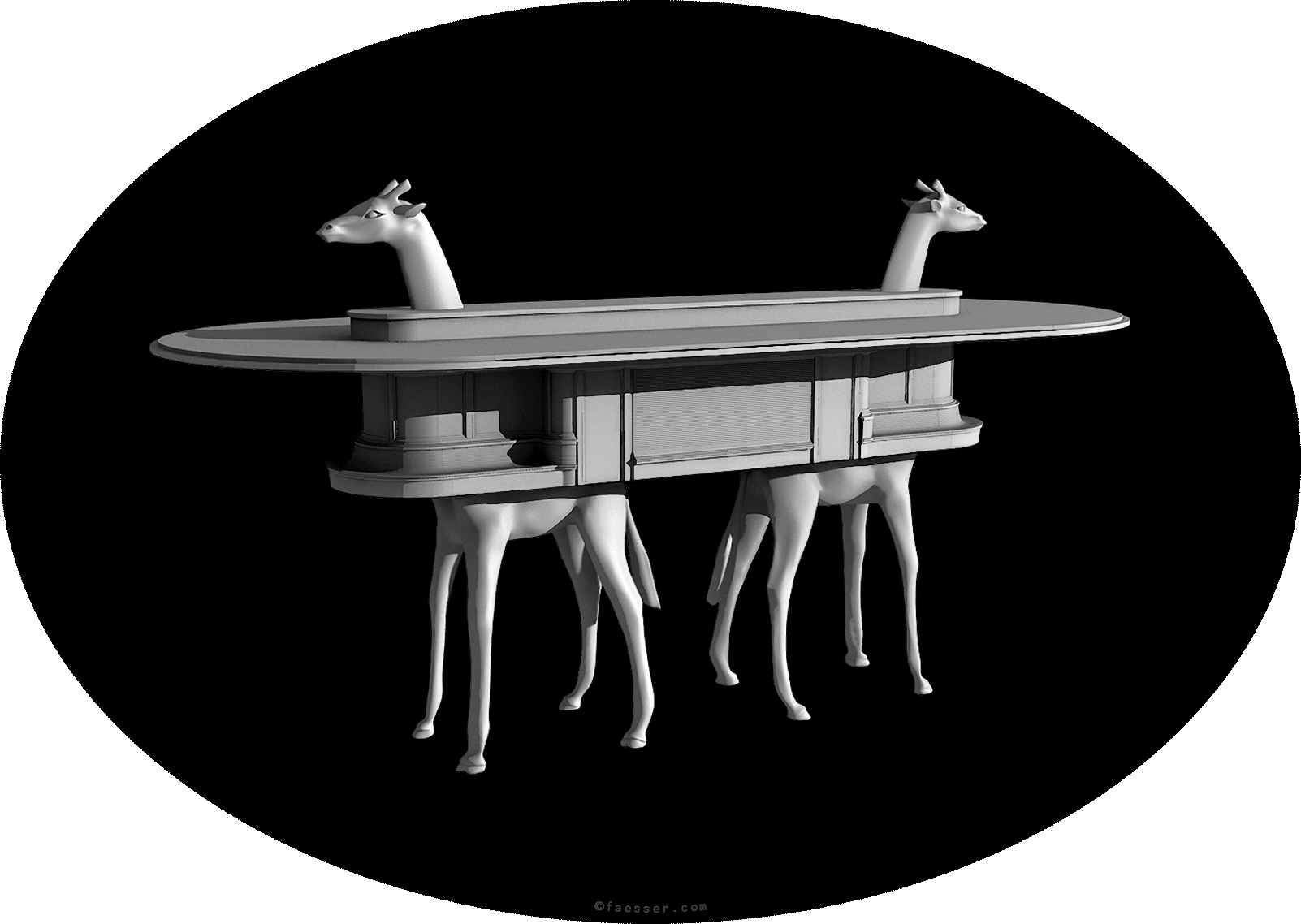 Two giraffes with the Zurich Paradeplatz tram pavilion as a ruff; work of art as figurative sculpture; artist Roland Faesser, sculptor and painter 2009