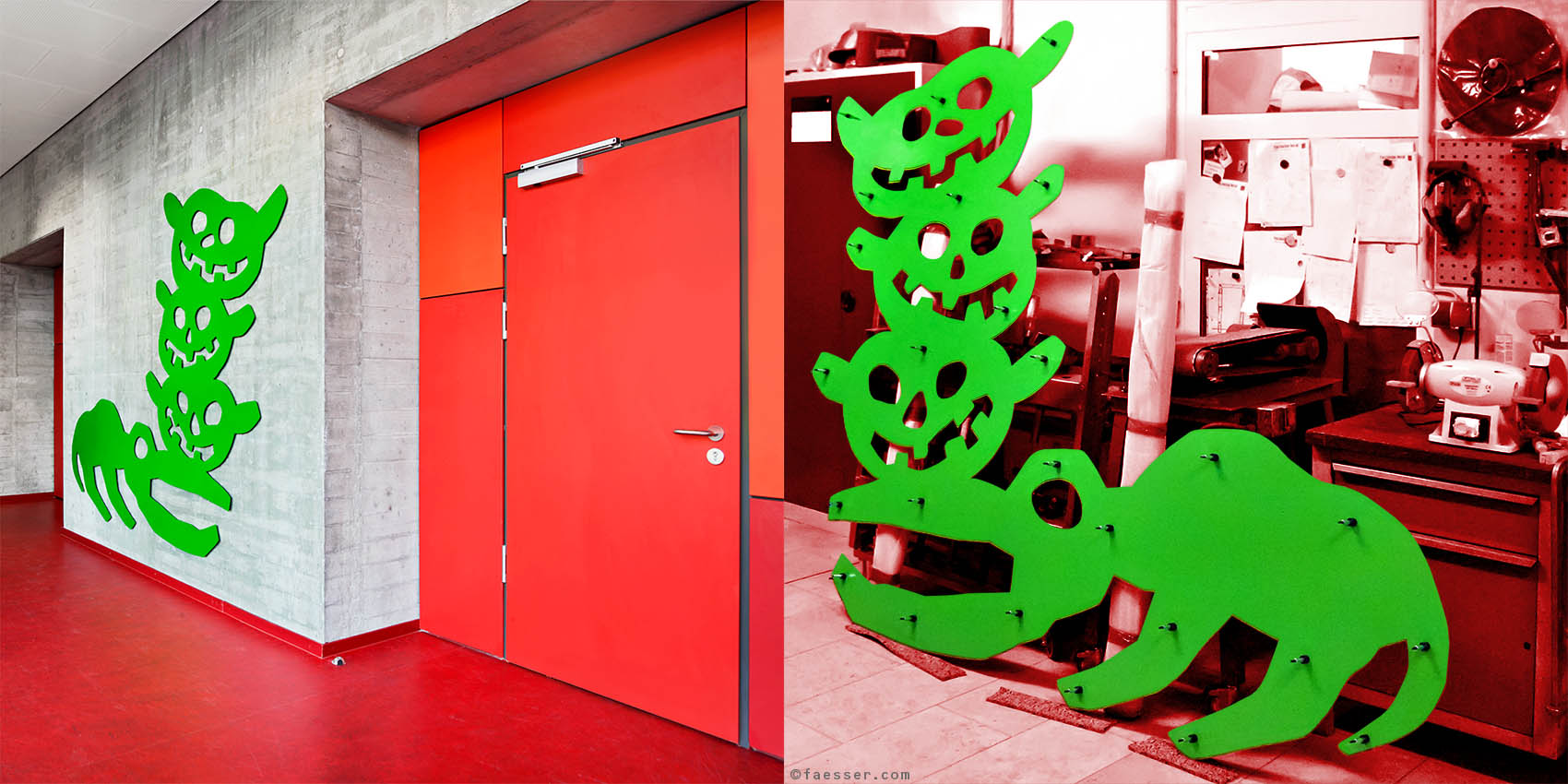 Dances With Gremlins I: Steel sheet with mutated narrative figures; artist Roland Faesser, sculptor and painter 2010