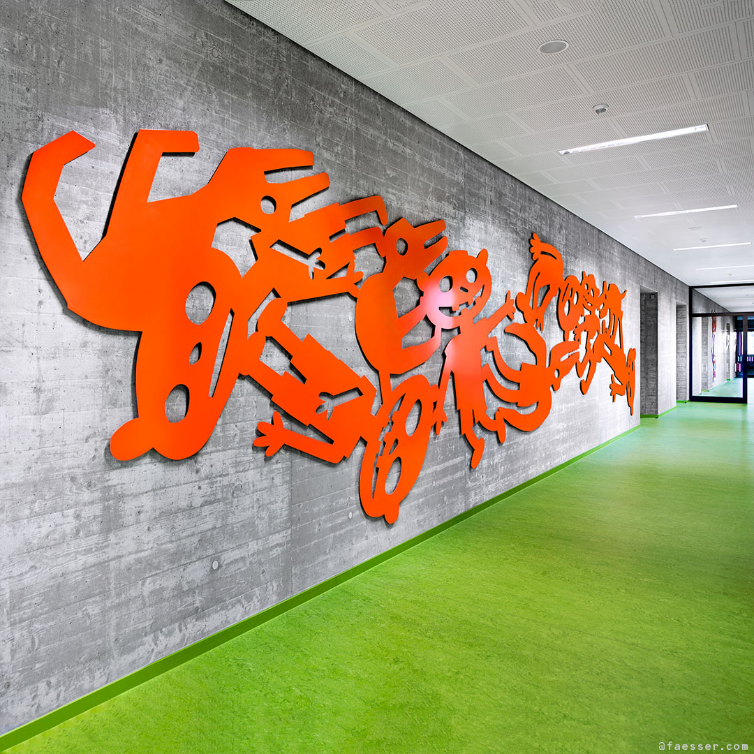 Dances With Gremlins III: 11 meter long main wall sheet in the upper floor; artist Roland Faesser, sculptor and painter 2010