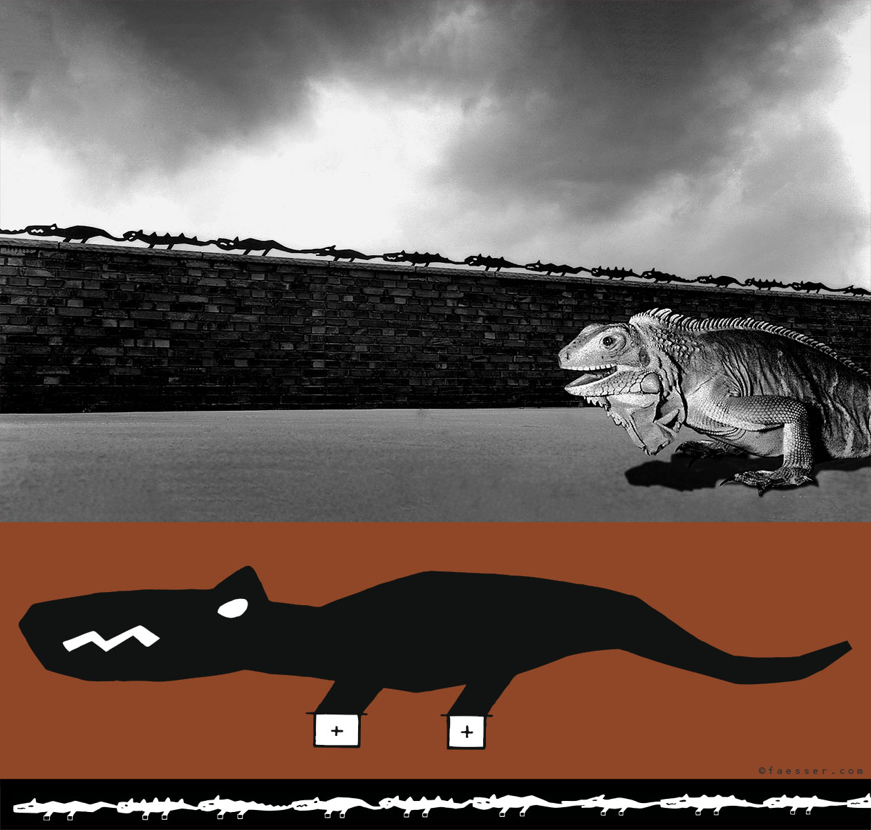 A nine part saurian procession as safety-railing for children; artist Roland Faesser, sculptor and painter 1994