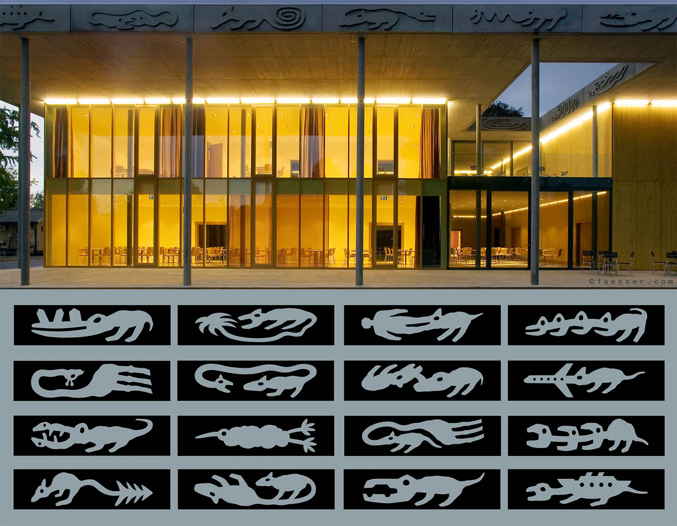 44 concrete mutants are processing at the roof front of the Psychiatric Clinic in Koenigsfelden, Switzerland, sculptor and painter 2006
