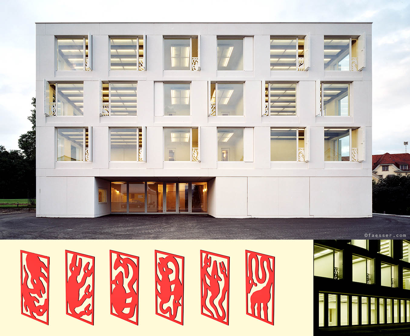 Meandering animals, as ventilation blades and balustrades for the terrace of the primary school in Zurich-Uetikon, sculptor and painter 2005